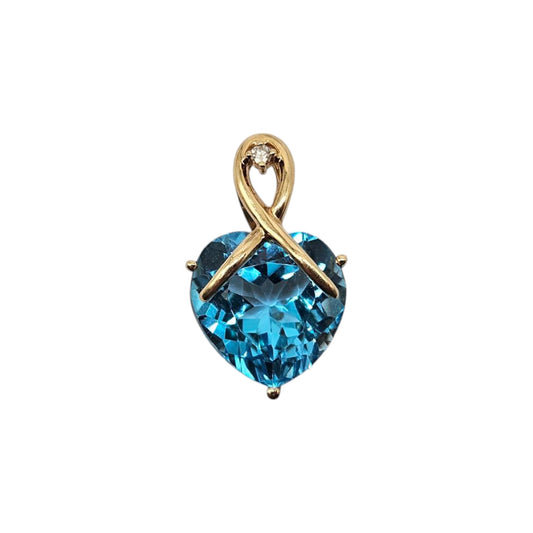 14ct Yellow Gold Blue Topaz & Diamond Heart Pendant L 2.0 cm 3.4 g.