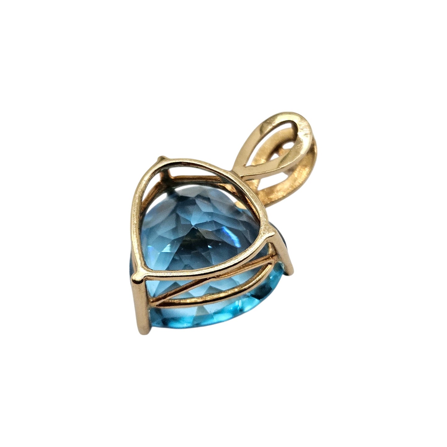 14ct Yellow Gold Blue Topaz & Diamond Heart Pendant L 2.0 cm 3.4 g.