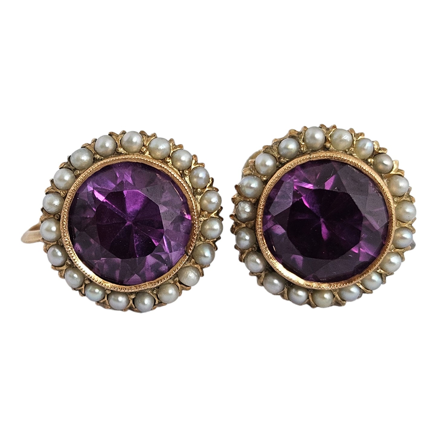 Pair of 14ct Yellow Gold Screw Back Earrings with Synthetic Alexandrites & Pearls 6.0 g