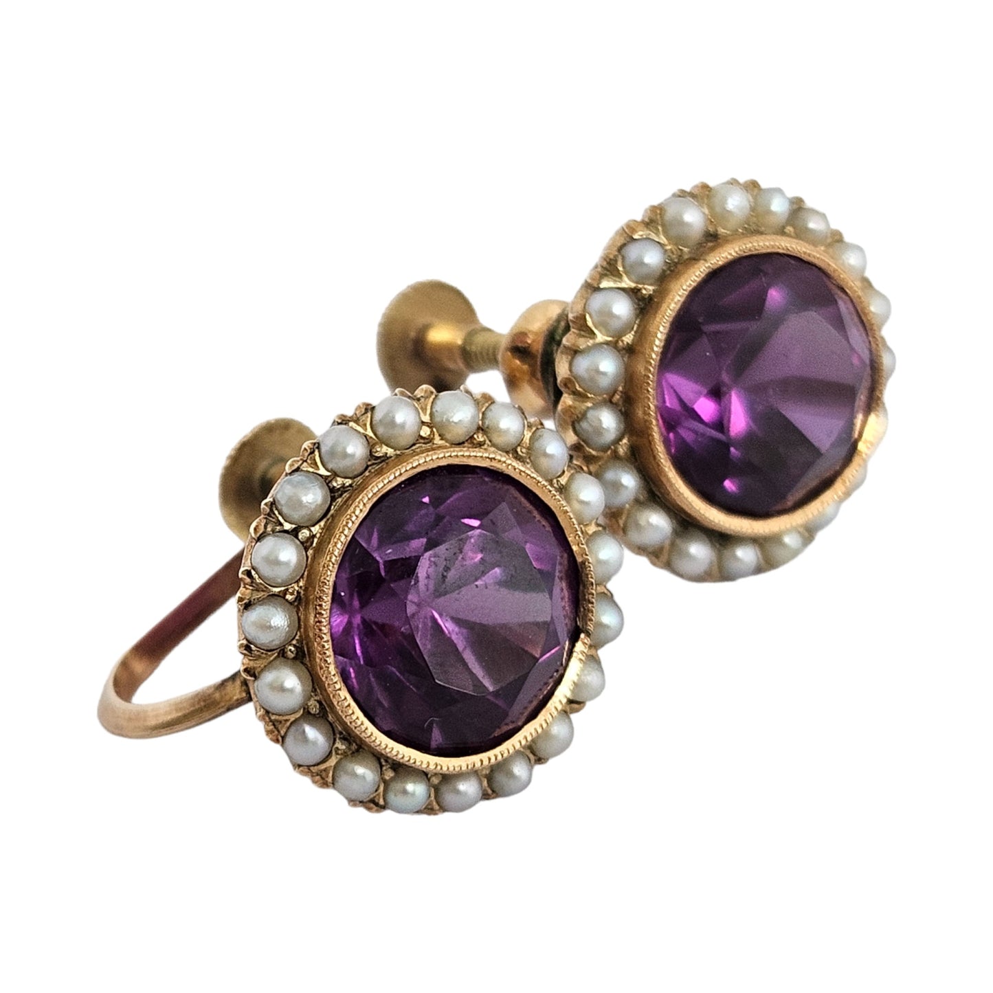 Pair of 14ct Yellow Gold Screw Back Earrings with Synthetic Alexandrites & Pearls 6.0 g