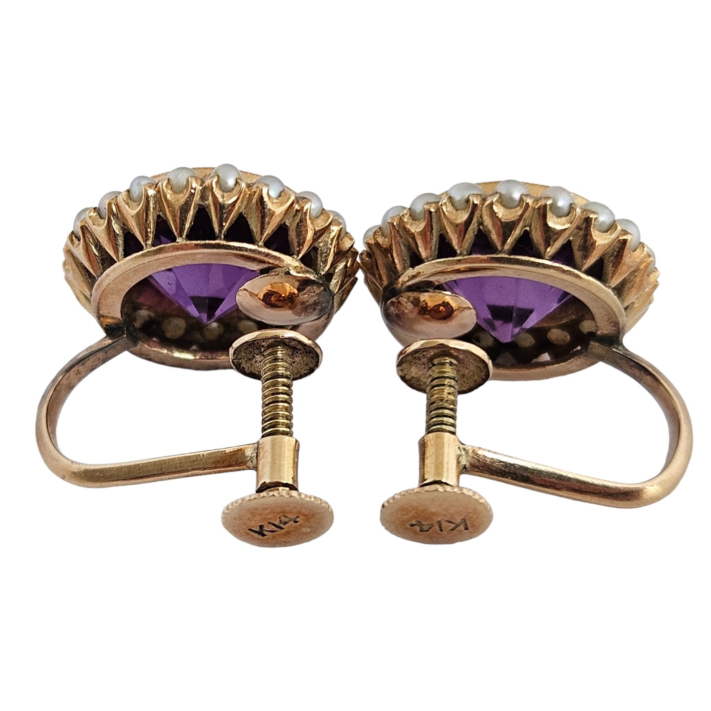 Pair of 14ct Yellow Gold Screw Back Earrings with Synthetic Alexandrites & Pearls 6.0 g