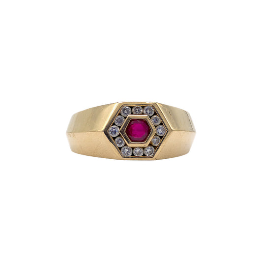 14ct yellow gold Signet Ring set with central Ruby and Diamond border.