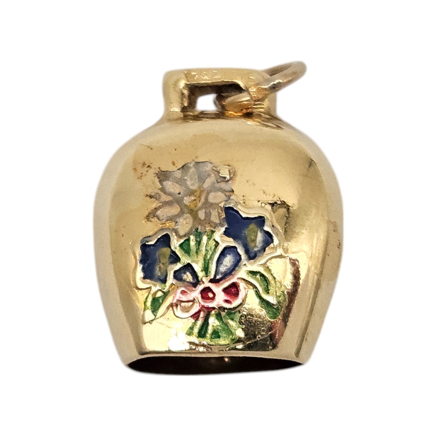 14ct 585 Yellow Gold Tinkling Bell With Flowers Charm L 1.4 cm 1.6 g.