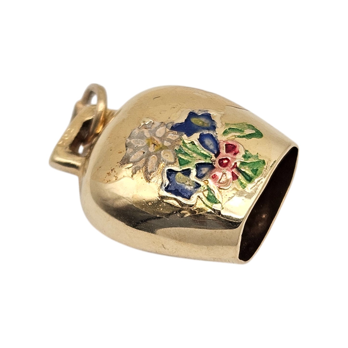 14ct 585 Yellow Gold Tinkling Bell With Flowers Charm L 1.4 cm 1.6 g.