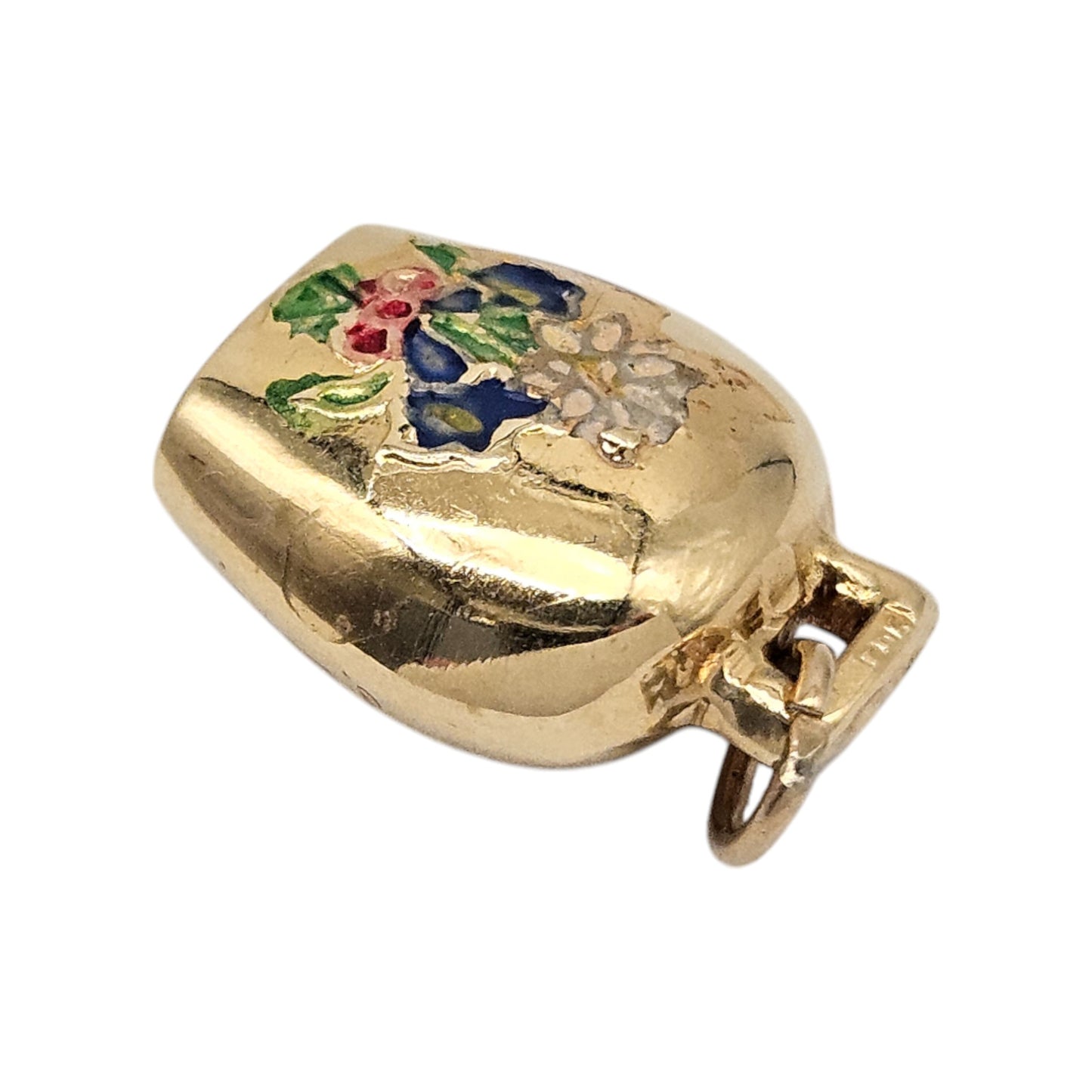 14ct 585 Yellow Gold Tinkling Bell With Flowers Charm L 1.4 cm 1.6 g.