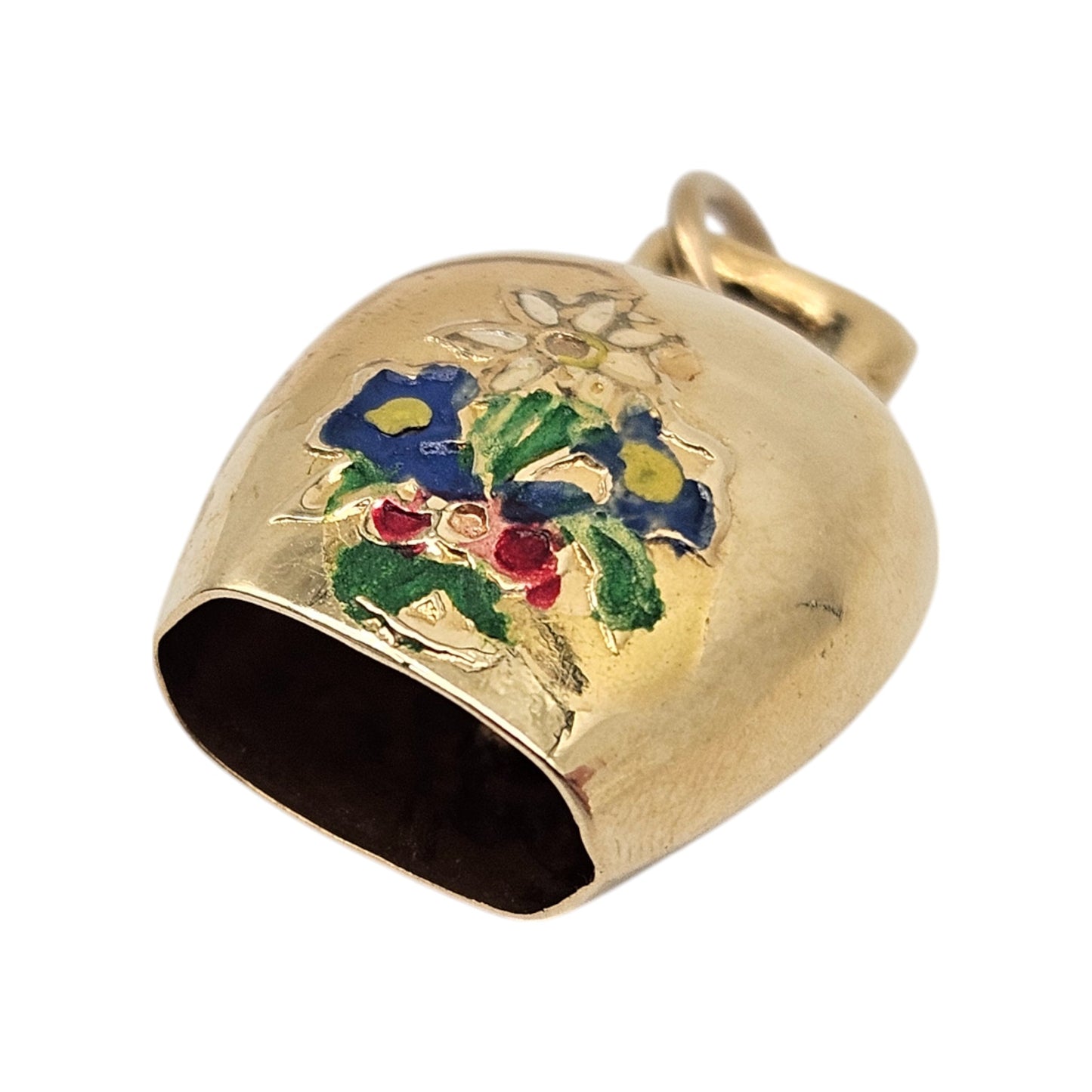 14ct 585 Yellow Gold Tinkling Bell With Flowers Charm L 1.4 cm 1.6 g.