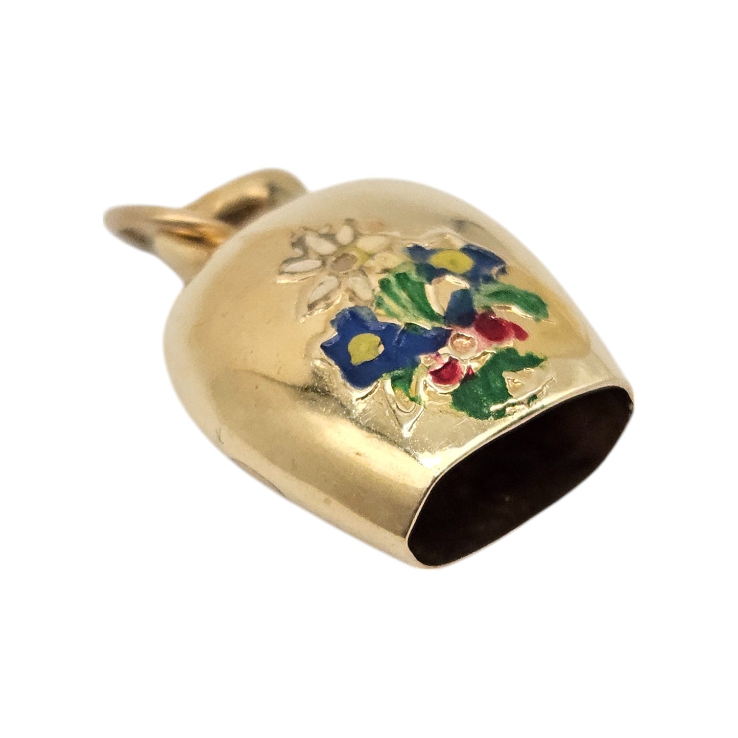 14ct 585 Yellow Gold Tinkling Bell With Flowers Charm L 1.4 cm 1.6 g.