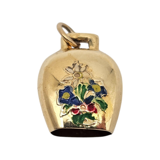 14ct 585 Yellow Gold Tinkling Bell With Flowers Charm L 1.4 cm 1.6 g.