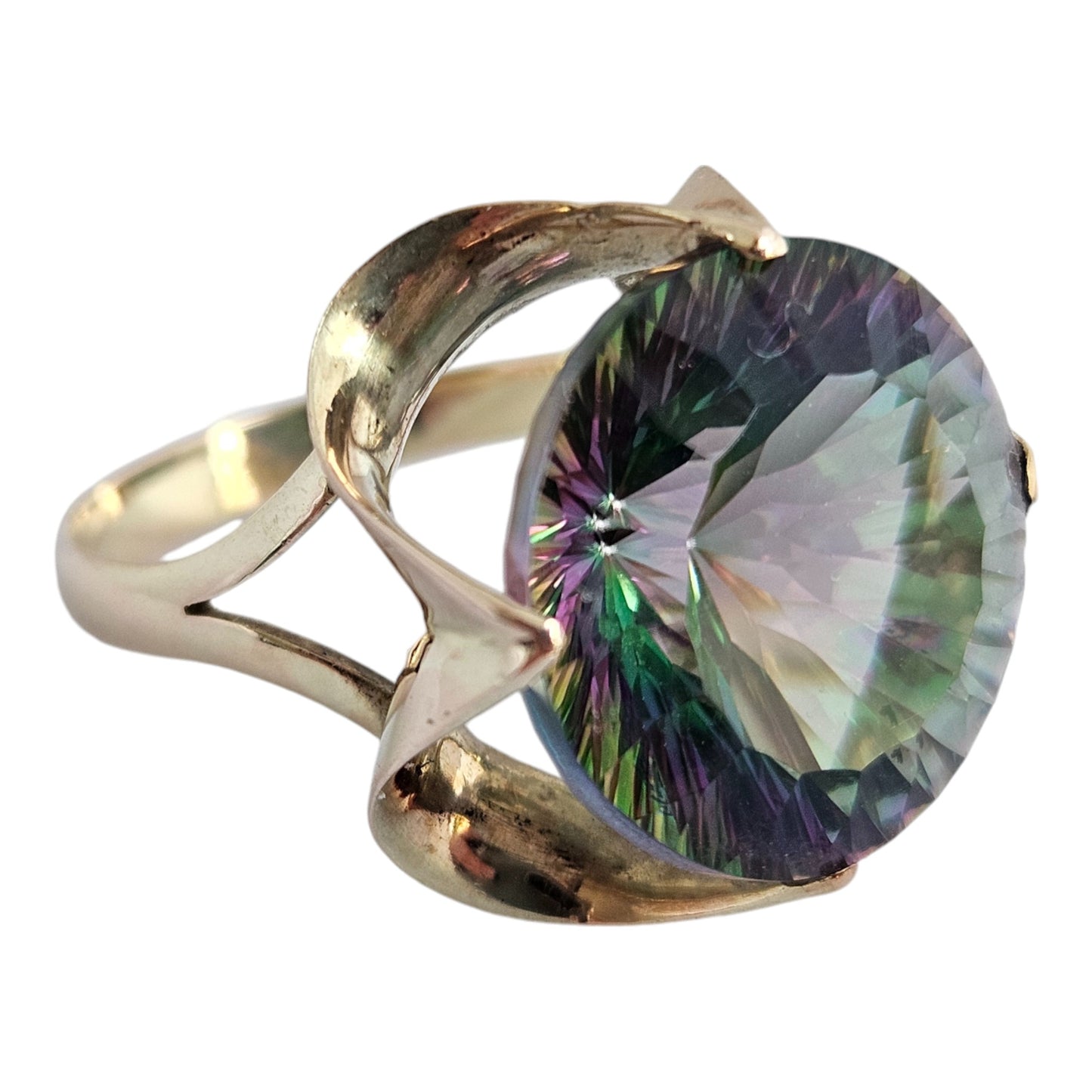 14ct Yellow Gold & Large Mystic Topaz Ring Size N 1/2 5.3 g