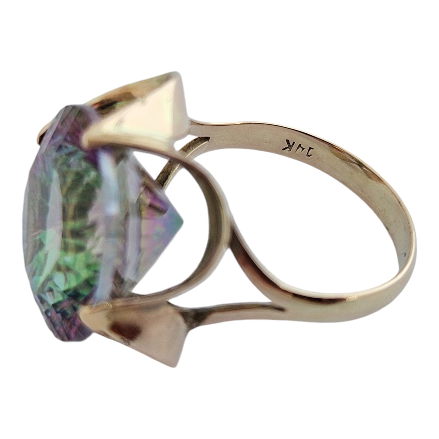 14ct Yellow Gold & Large Mystic Topaz Ring Size N 1/2 5.3 g