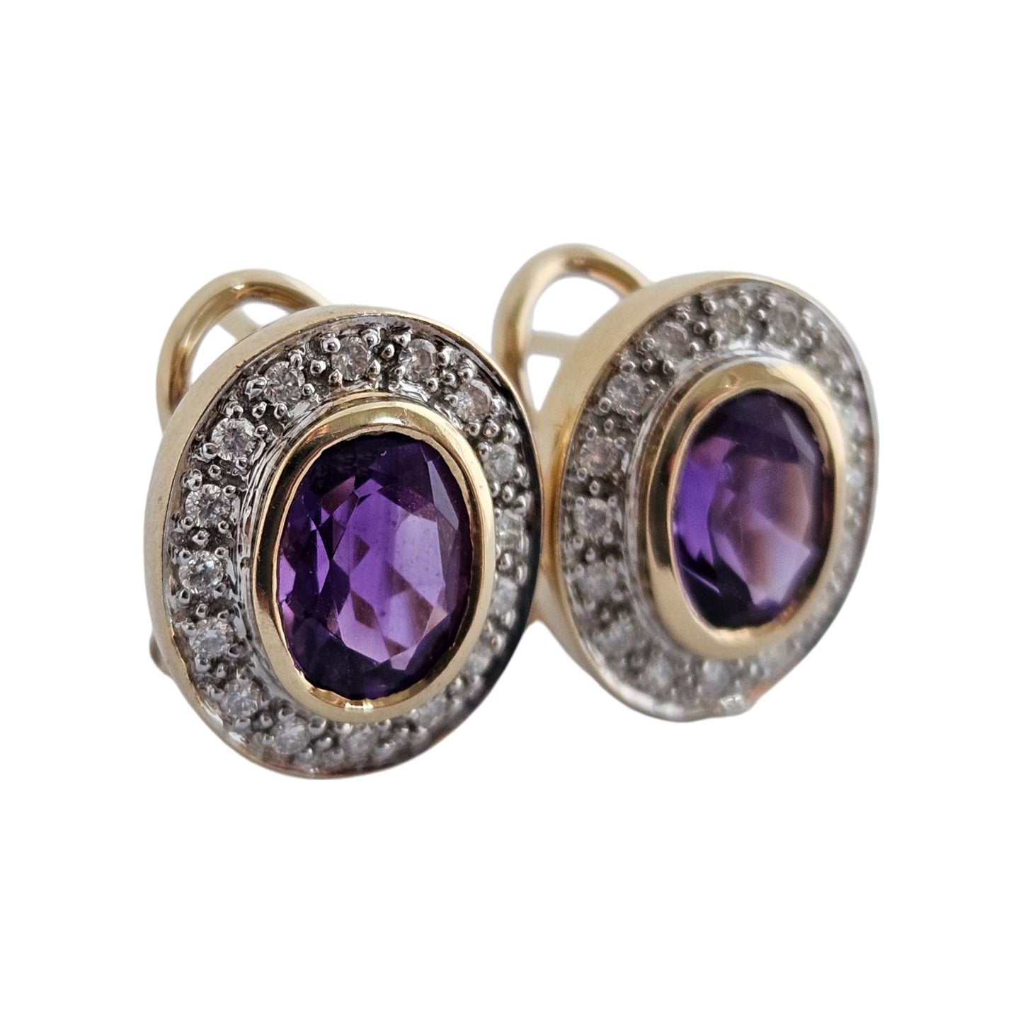 Pair of 14ct Yellow Gold Amethyst & Diamonds Earrings 5.8 g