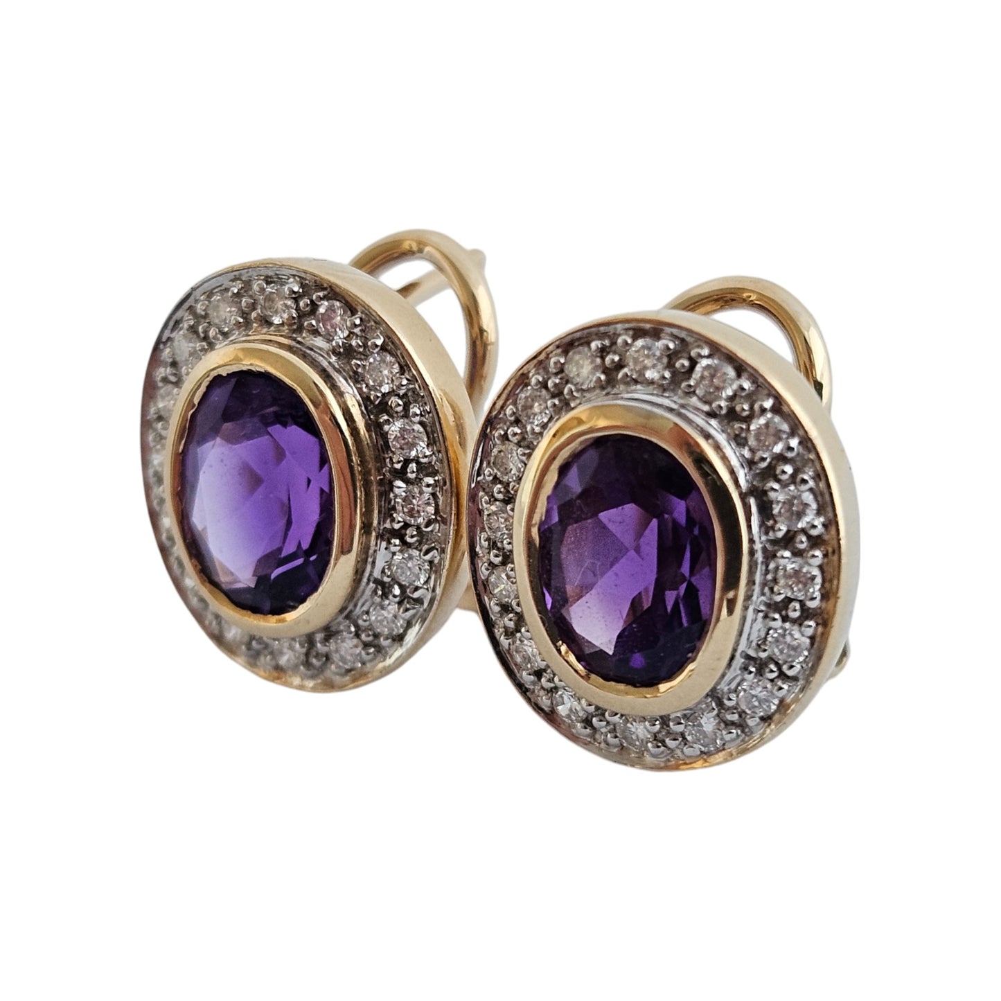 Pair of 14ct Yellow Gold Amethyst & Diamonds Earrings 5.8 g