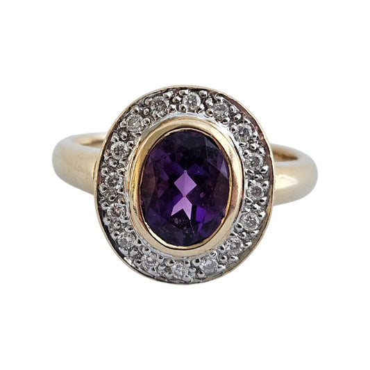 14ct Yellow Gold Amethyst & Diamonds Ring Size M 4.2 g