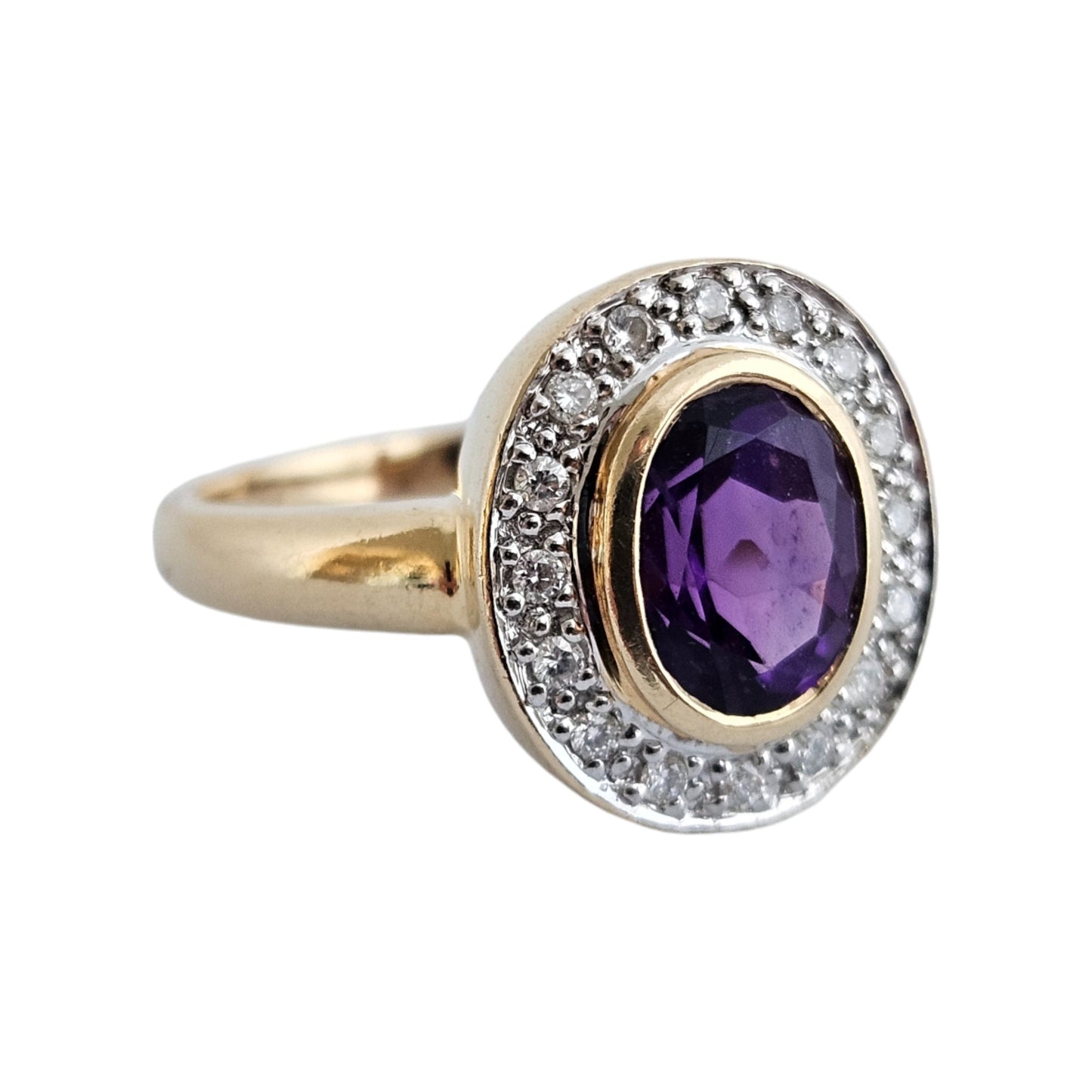 14ct Yellow Gold Amethyst & Diamonds Ring Size M 4.2 g