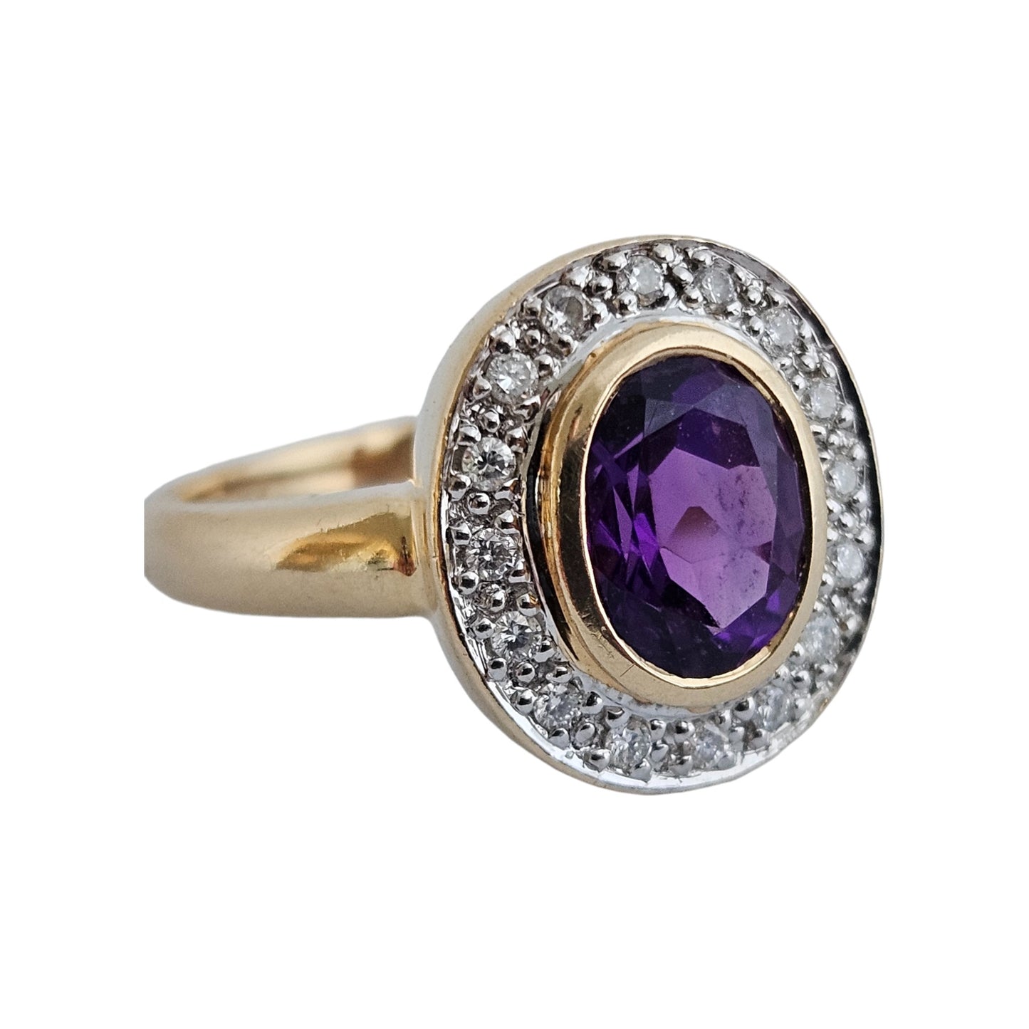 14ct Yellow Gold Amethyst & Diamonds Ring Size M 4.2 g