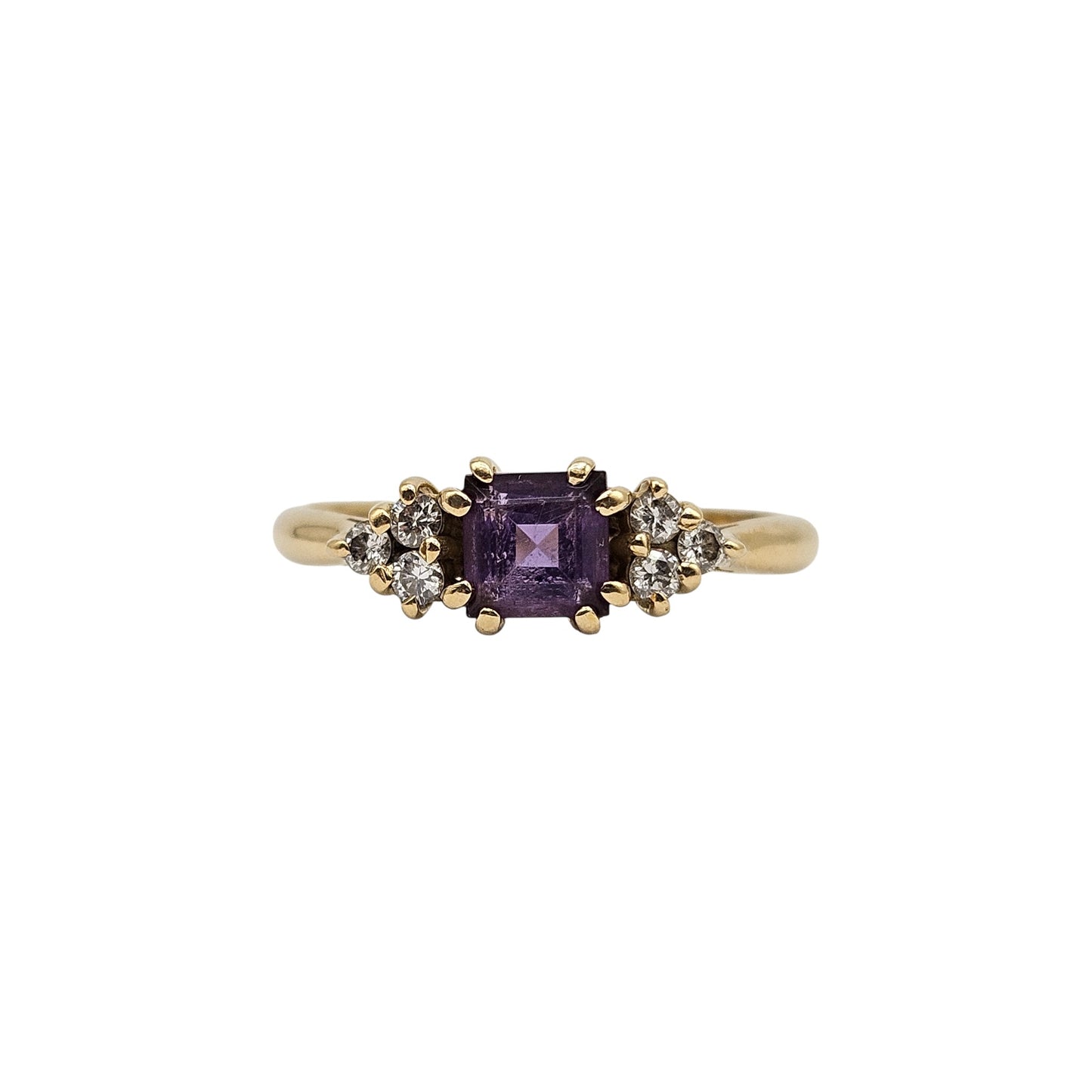 18ct 750 Yellow Gold Amethyst & Diamond Ring 1992 Size P 1/2, 3.2 g.