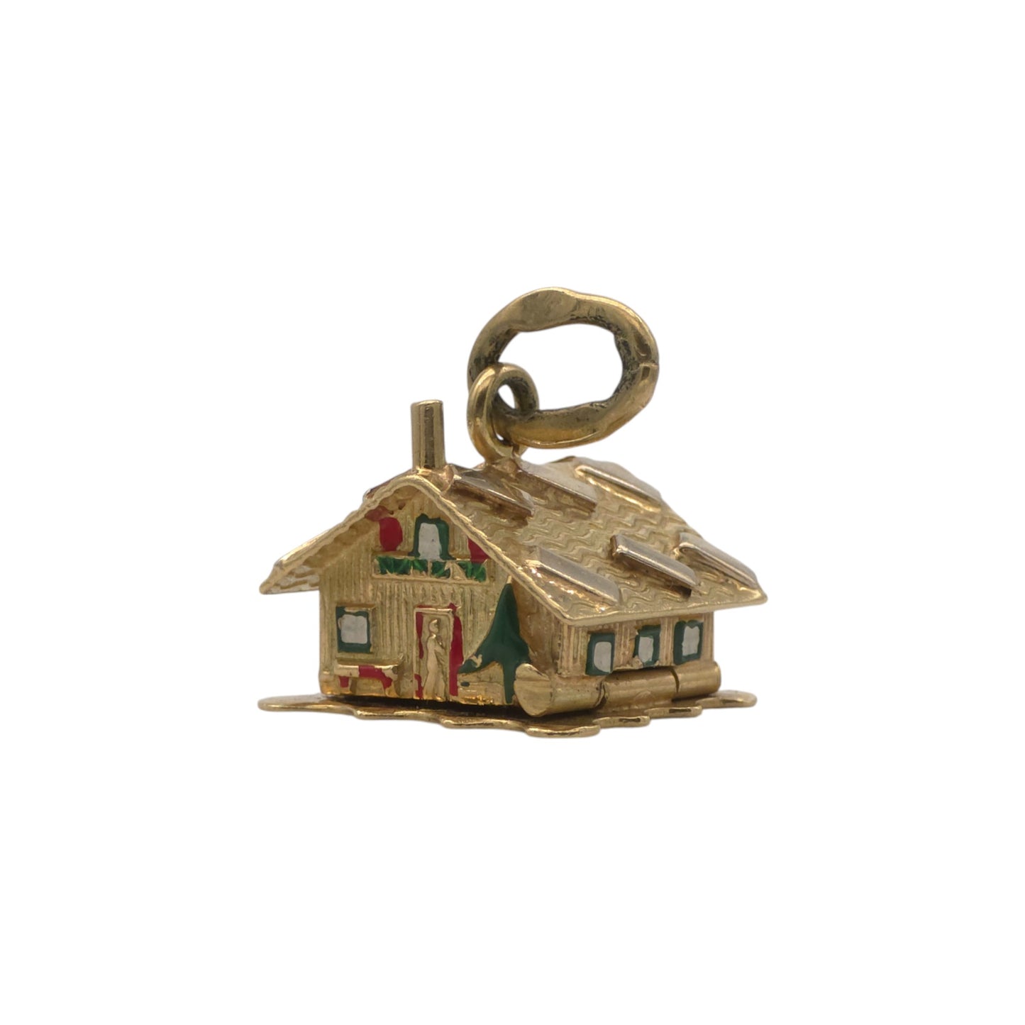 Heavy 18ct 750 Yellow Gold & Enamel Christmas Chalet Opening Charm L 1.3 cm 5.6 g.