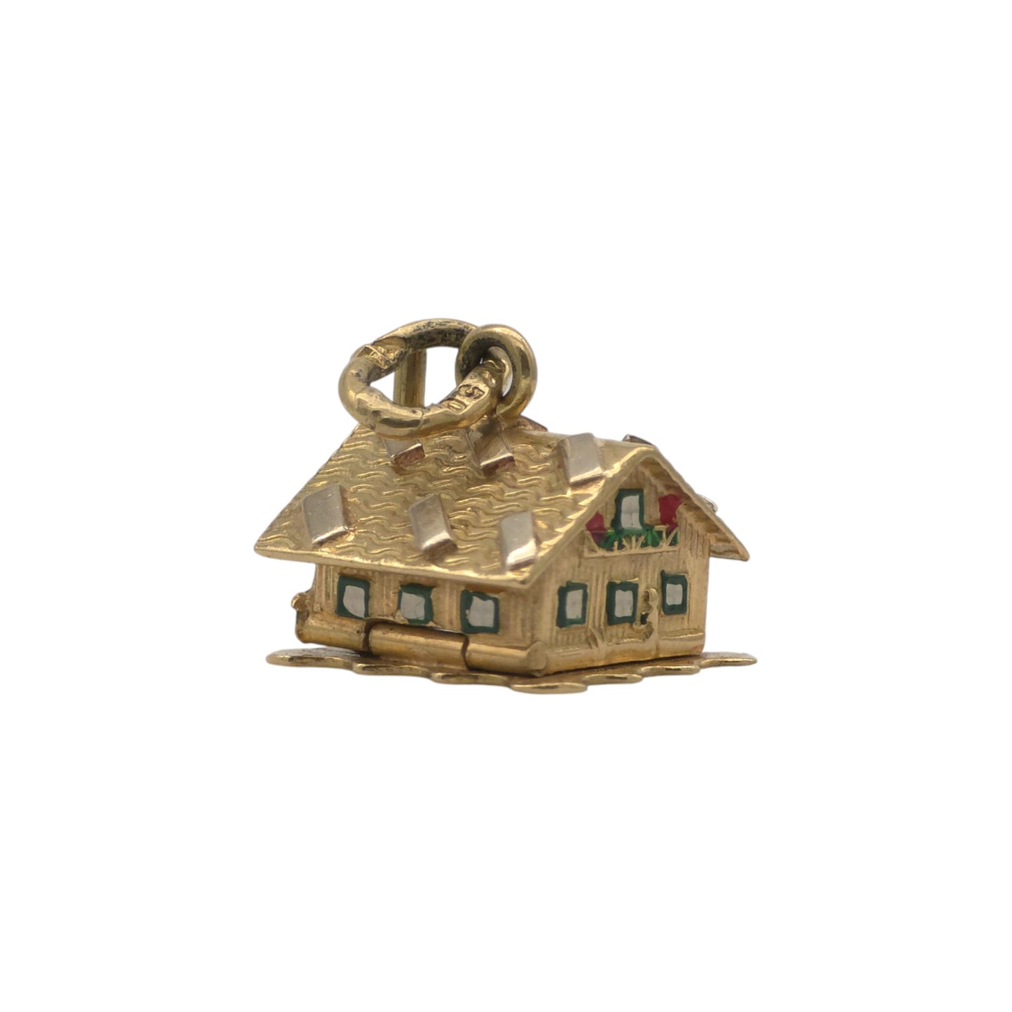 Heavy 18ct 750 Yellow Gold & Enamel Christmas Chalet Opening Charm L 1.3 cm 5.6 g.