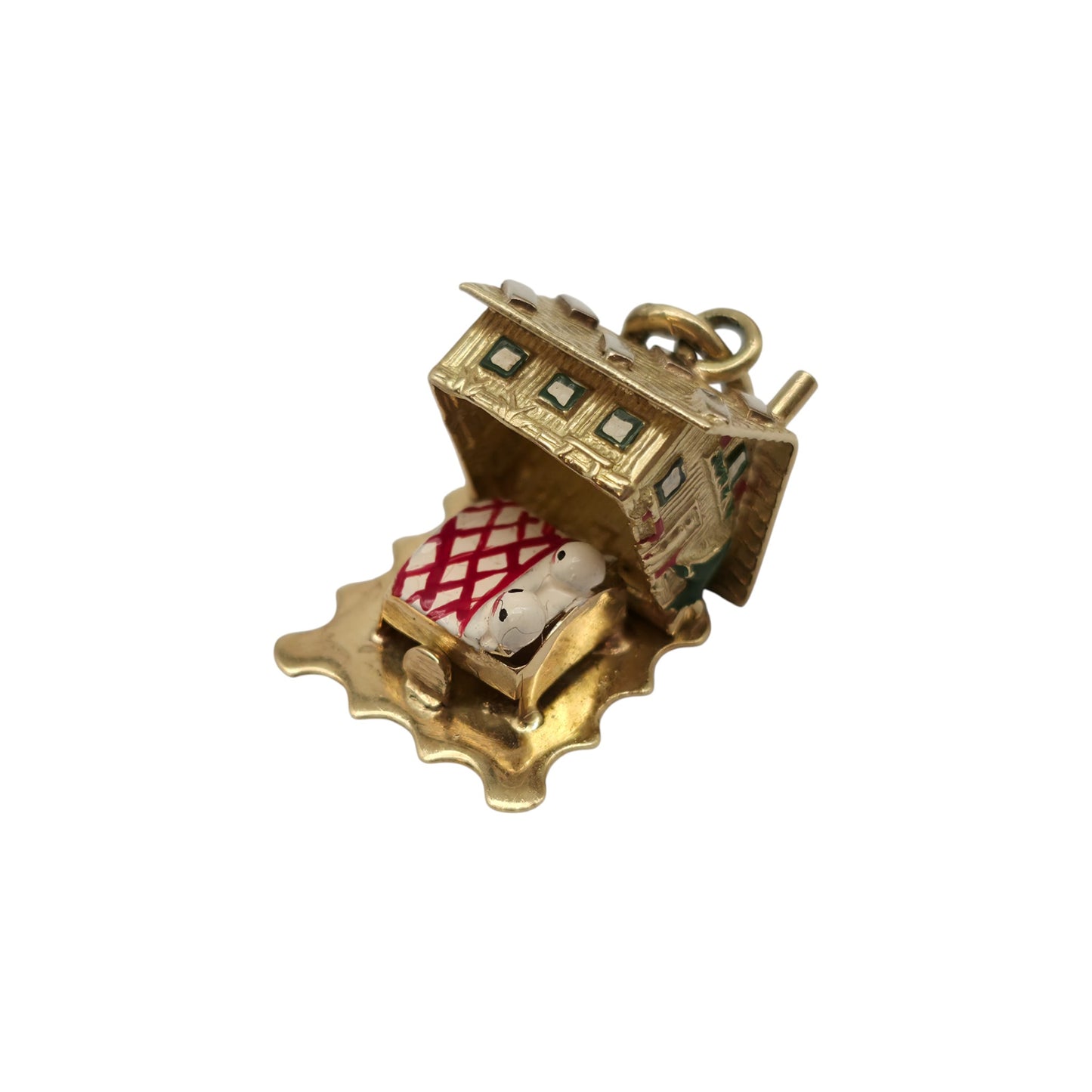 Heavy 18ct 750 Yellow Gold & Enamel Christmas Chalet Opening Charm L 1.3 cm 5.6 g.