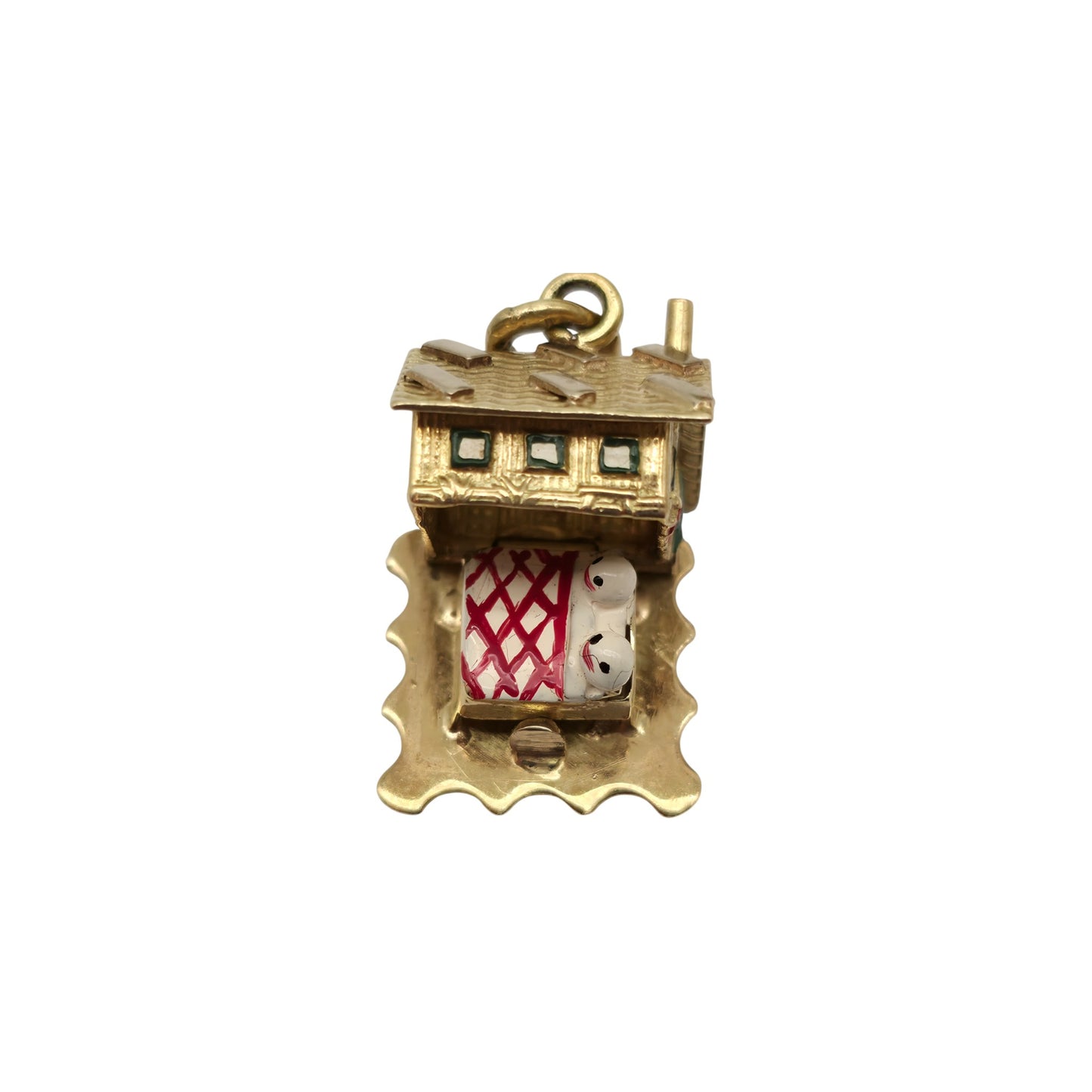 Heavy 18ct 750 Yellow Gold & Enamel Christmas Chalet Opening Charm L 1.3 cm 5.6 g.