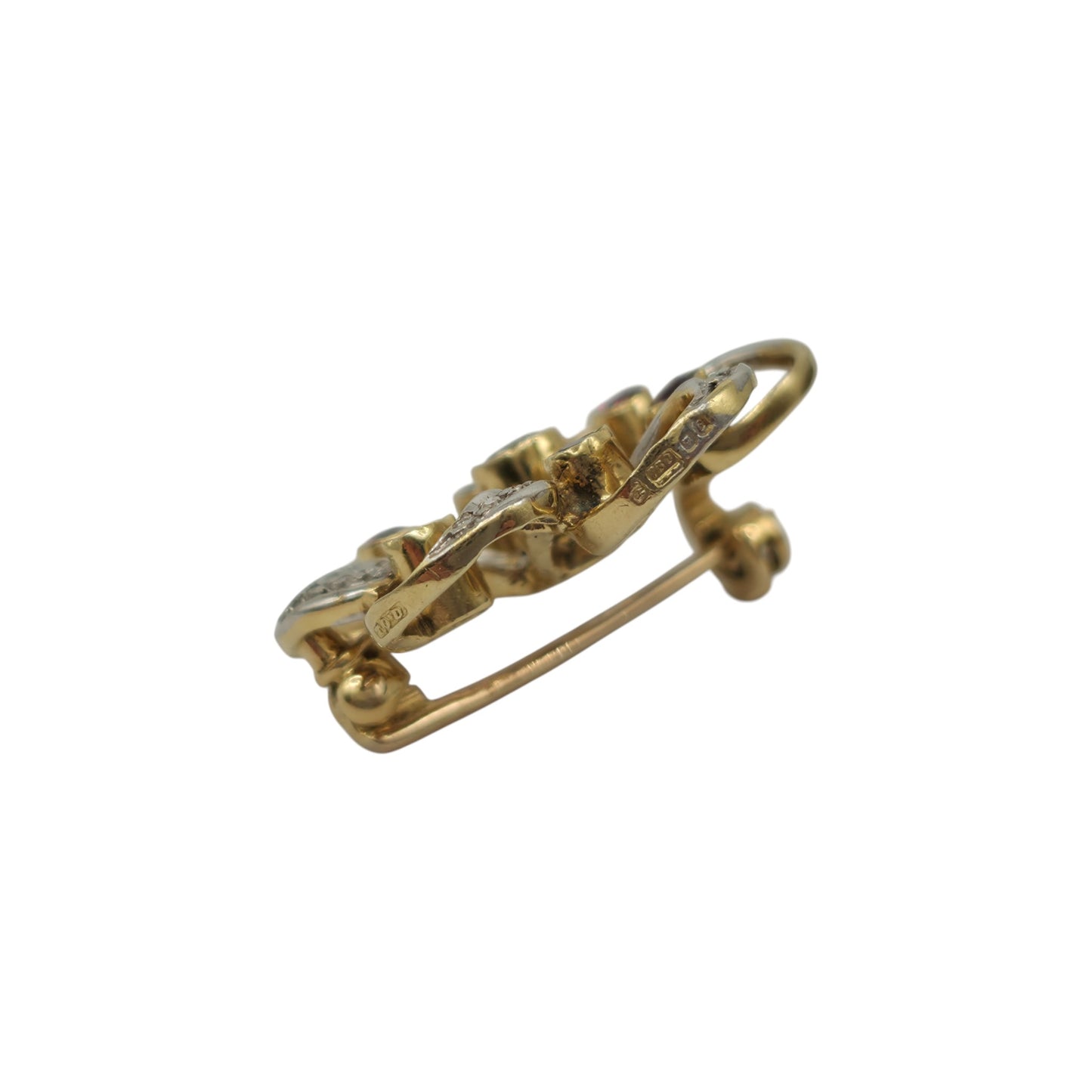 18ct 750 Yellow & White Gold Brooch with Diamonds & Ruby 1977 L 2.4 cm 5.3 g