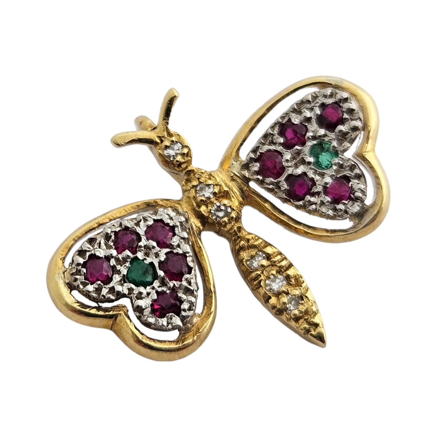 18ct 750 Yellow Gold Butterfly Pendant with Ruby, Diamonds & Emeralds 1982 1.9 g