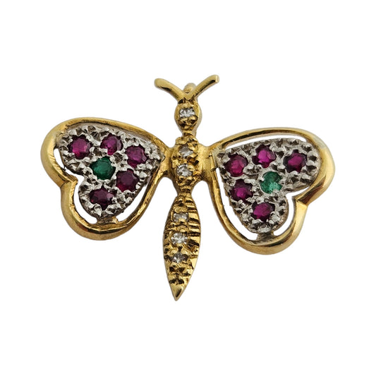 18ct 750 Yellow Gold Butterfly Pendant with Ruby, Diamonds & Emeralds 1982 1.9 g