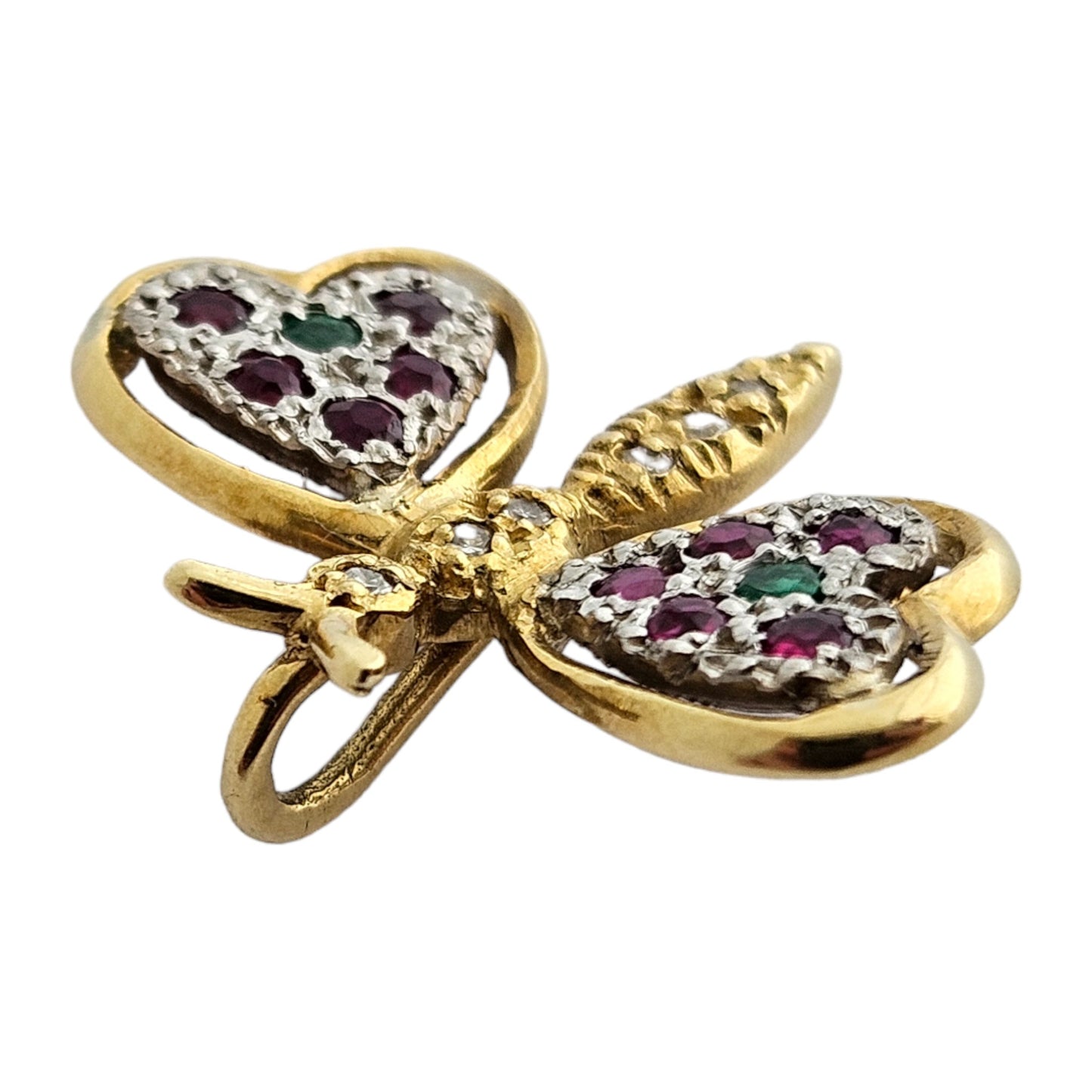 18ct 750 Yellow Gold Butterfly Pendant with Ruby, Diamonds & Emeralds 1982 1.9 g