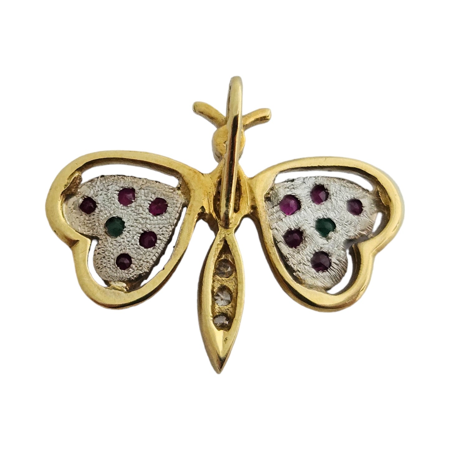 18ct 750 Yellow Gold Butterfly Pendant with Ruby, Diamonds & Emeralds 1982 1.9 g