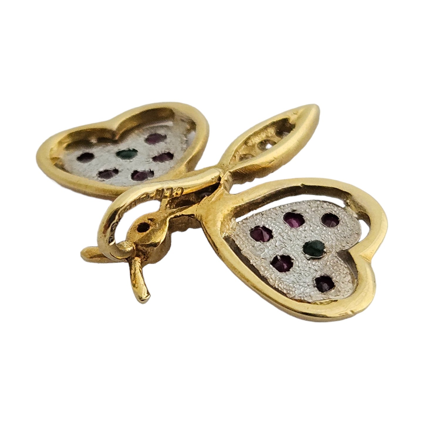 18ct 750 Yellow Gold Butterfly Pendant with Ruby, Diamonds & Emeralds 1982 1.9 g