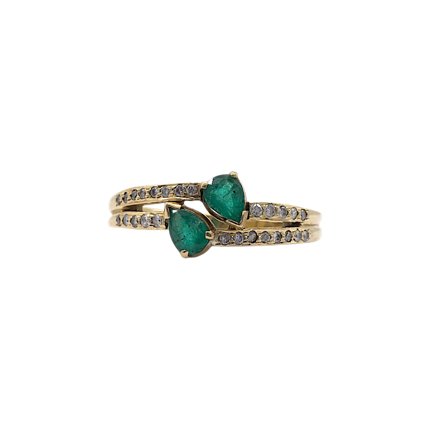 18ct gold Crossover Ring with two Emeralds and Diamond shoulders