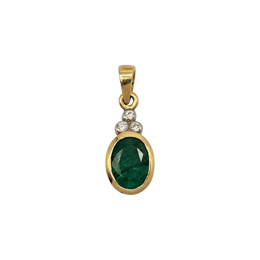 18ct 750 Yellow Gold Emerald & Diamonds Pendant L 1.9 cm 2.1 g.