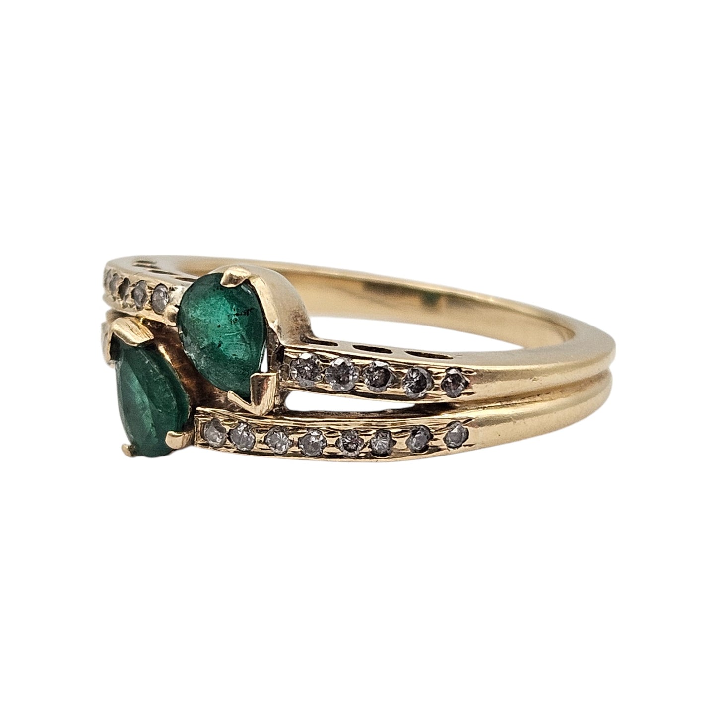 18ct Yellow Gold Emeralds & Diamonds Crossover Ring Size L 1/2 4.5 g.