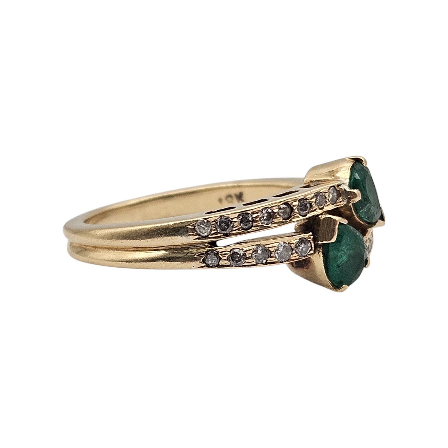 18ct Yellow Gold Emeralds & Diamonds Crossover Ring Size L 1/2 4.5 g.