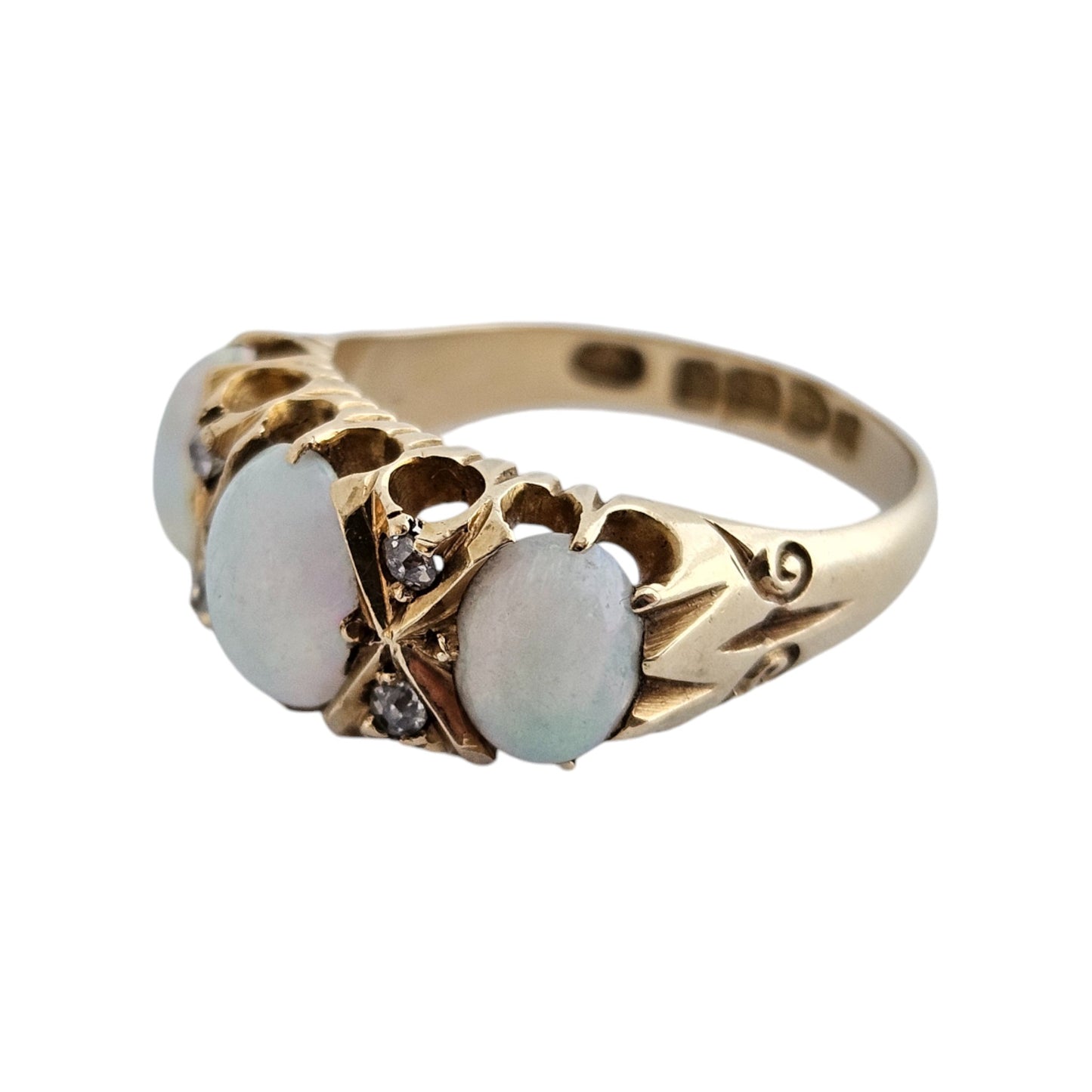 Edwardian 18ct Yellow Gold Opals & Diamonds Ring 1903 Size K 4.1 g