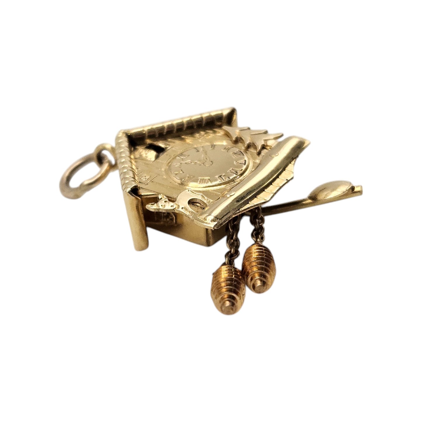 18ct Yellow Gold Articulated Cuckoo Clock Charm L 2.4 cm 3.1 g.