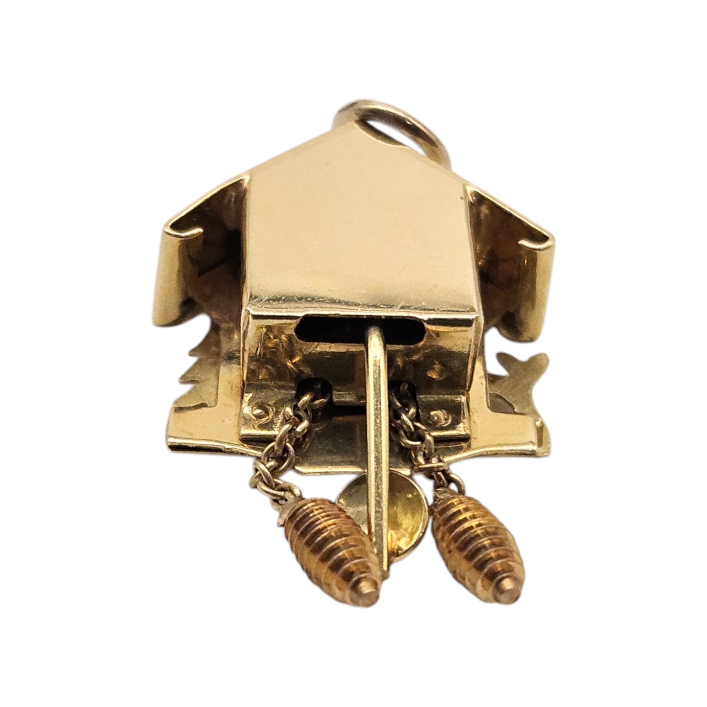 18ct Yellow Gold Articulated Cuckoo Clock Charm L 2.4 cm 3.1 g.