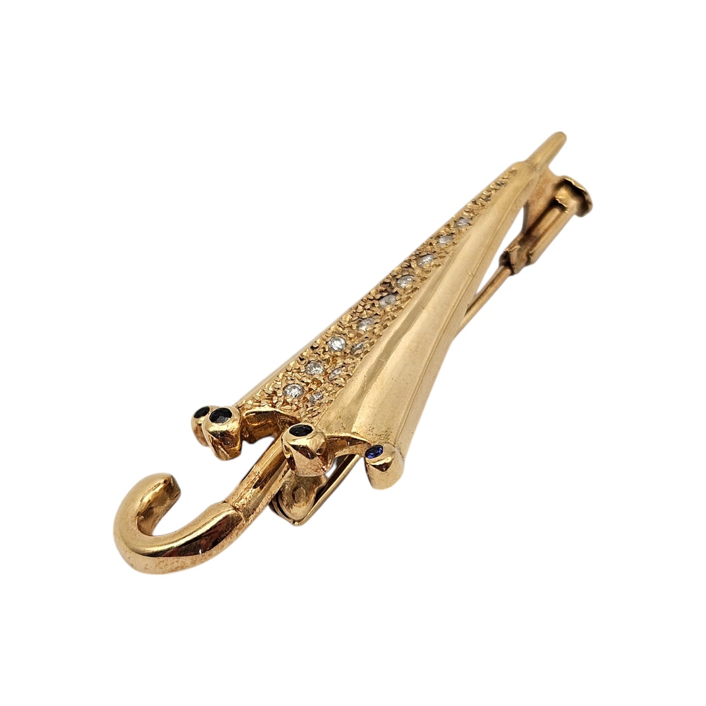 18ct Yellow Gold Umbrella Brooch With Sapphires & Diamonds L 4.3 cm 5.4 g.