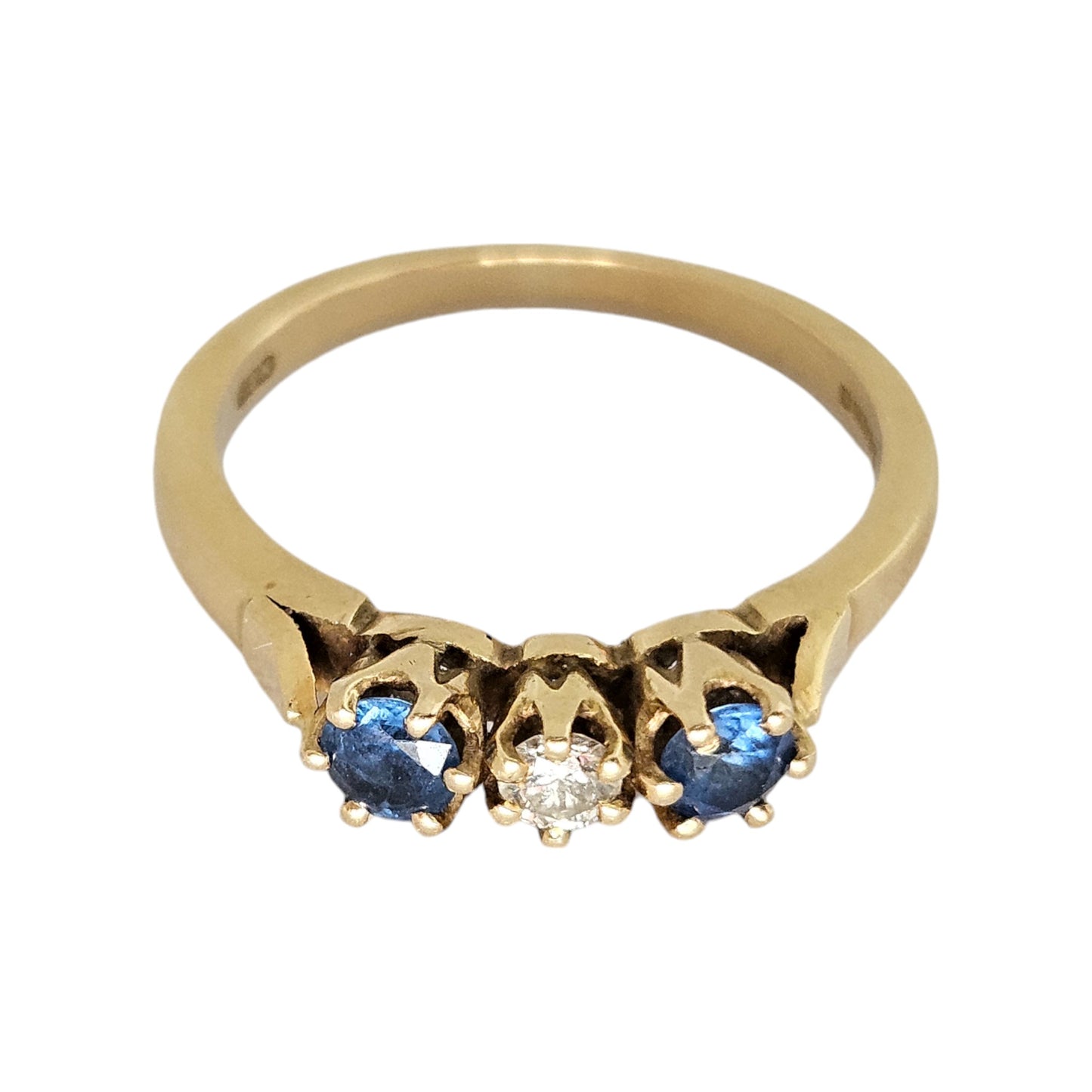 18ct 750 Yellow Gold Three Stone Sapphire & Diamond Ring 1984 Size Q 4.1 g