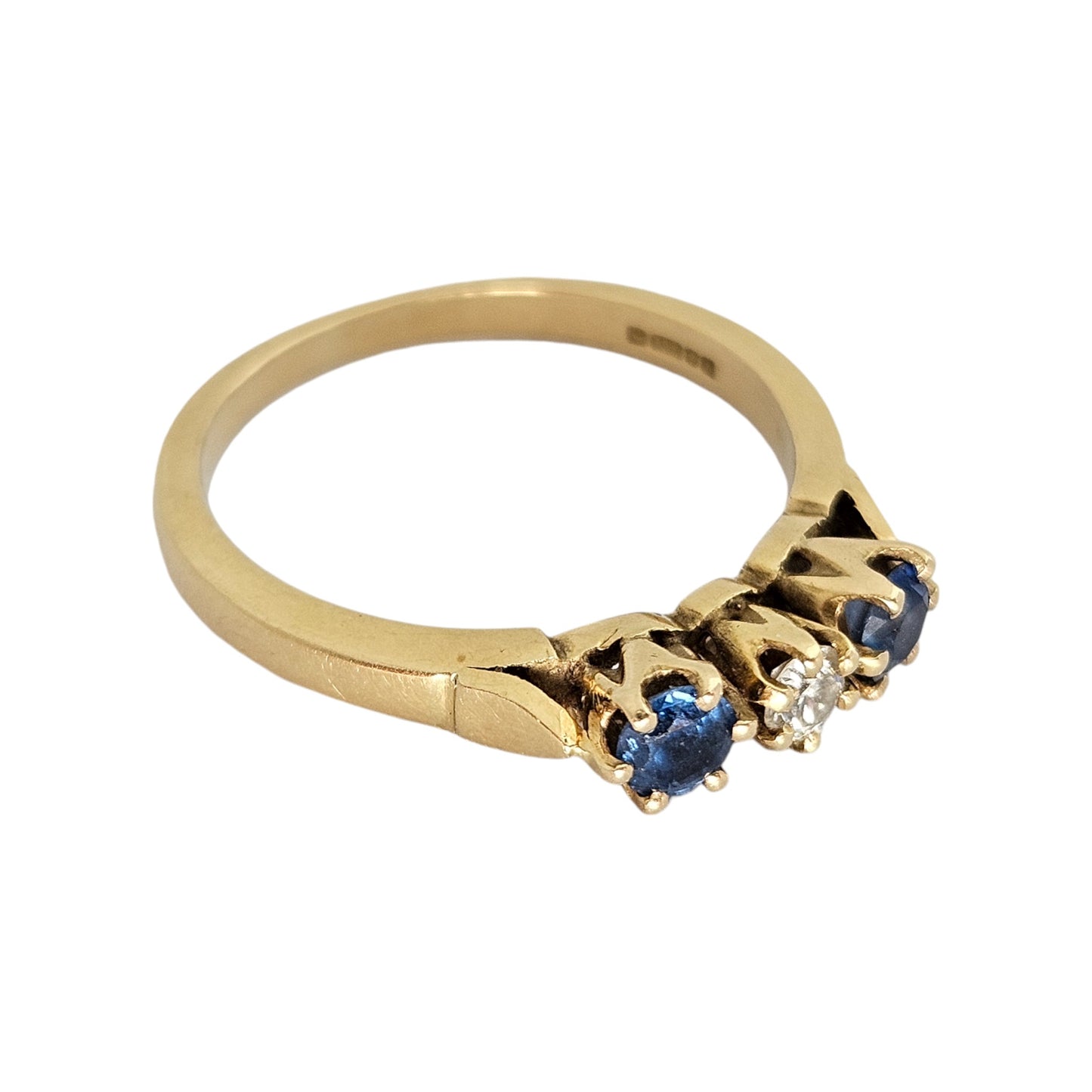 18ct 750 Yellow Gold Three Stone Sapphire & Diamond Ring 1984 Size Q 4.1 g