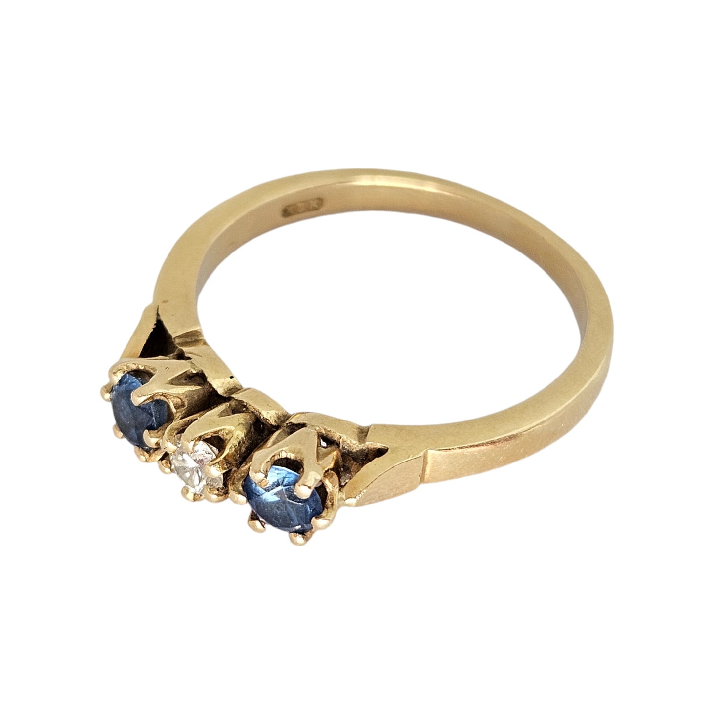18ct 750 Yellow Gold Three Stone Sapphire & Diamond Ring 1984 Size Q 4.1 g