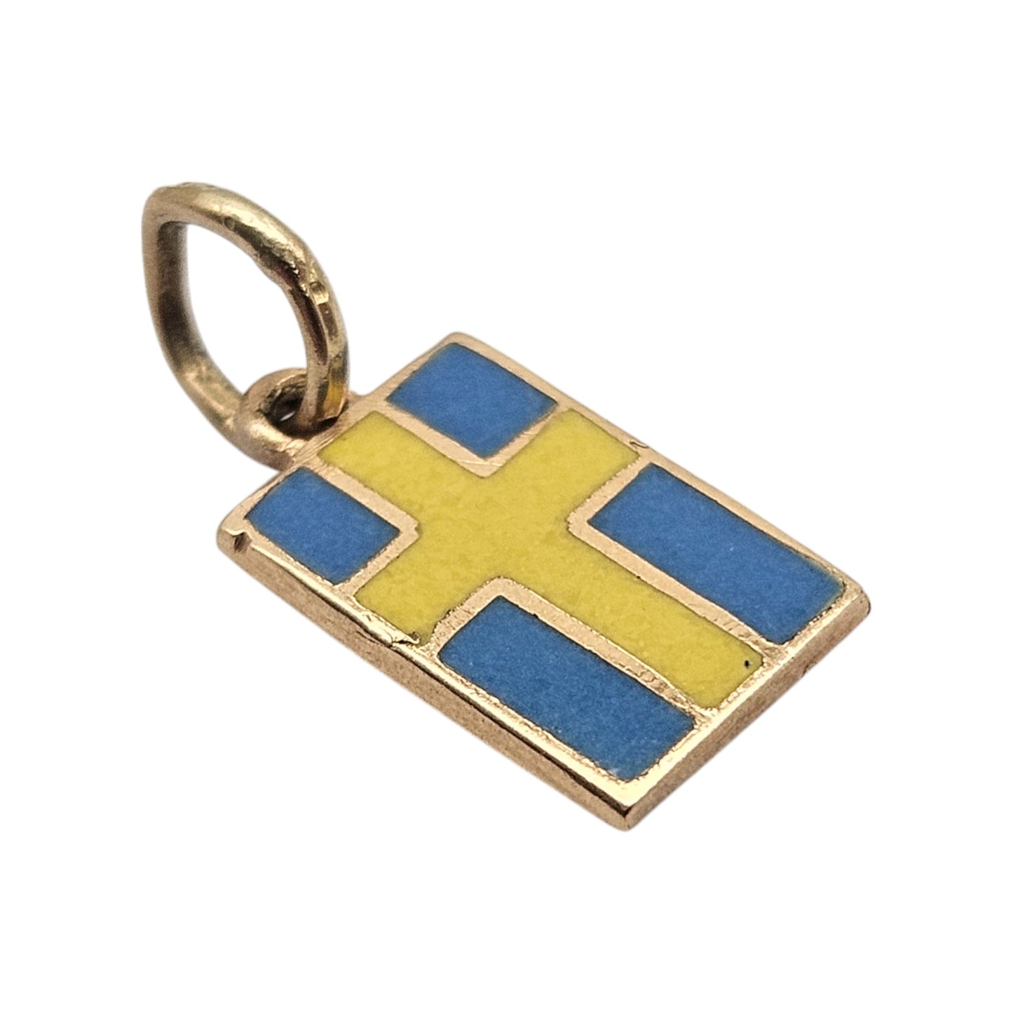 18ct Yellow Gold & Enamel Swedish Flag Charm L 9 mm 0.7 g.