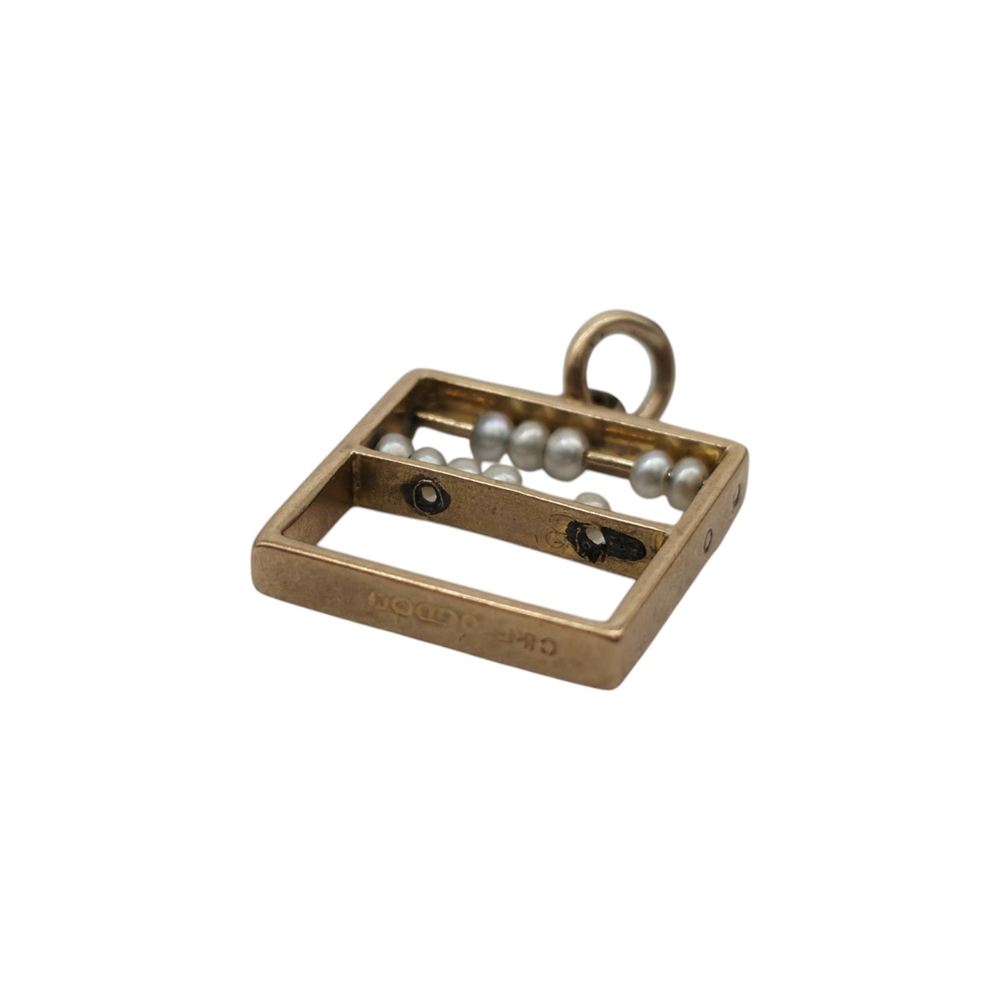 9ct 375 Yellow Gold Articulated Abacus Charm With Pearls 1972 L 1.2 cm 1.1 g.