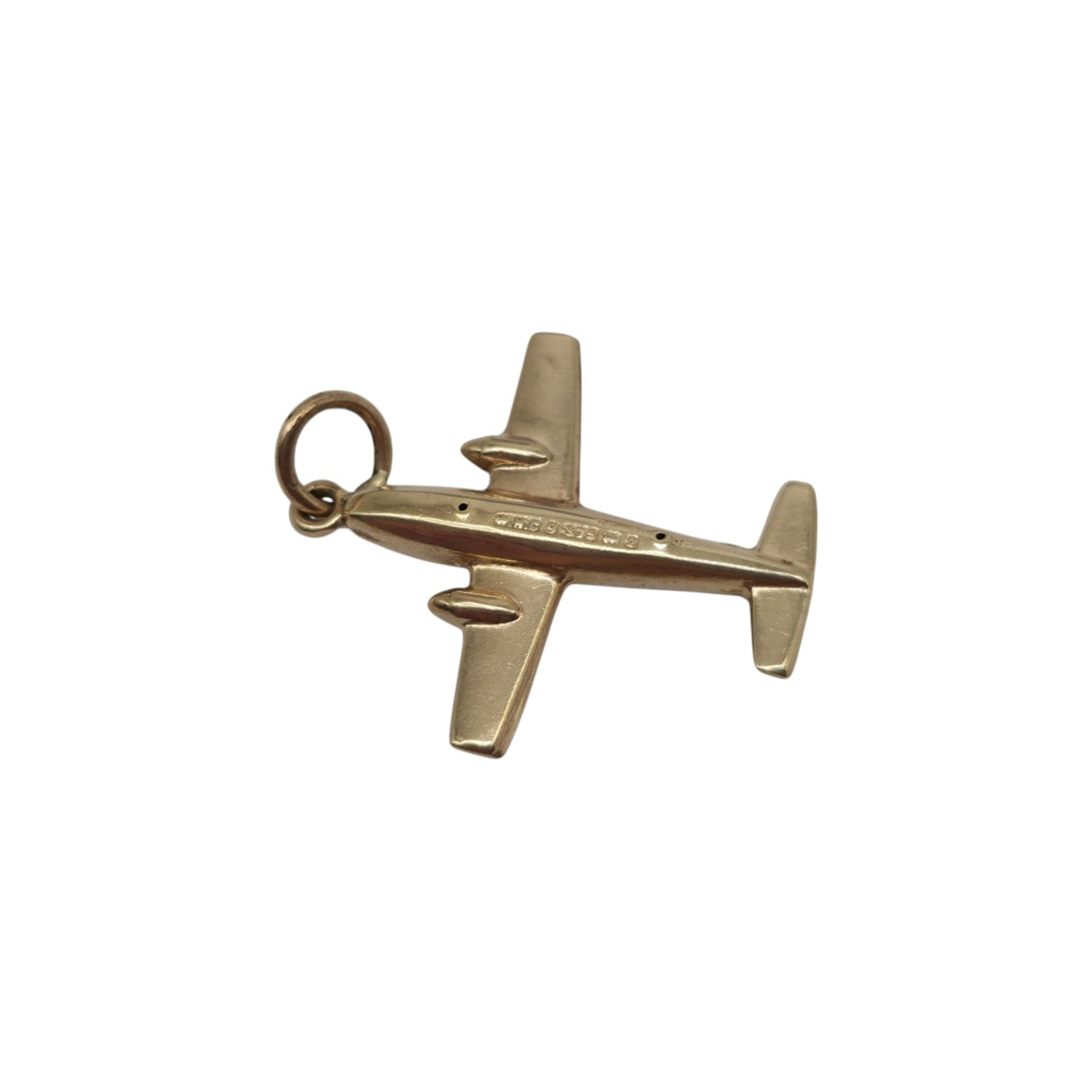 9ct 375 Yellow Gold Aeroplane Charm 1965 L 1.7 cm 0.6 g.