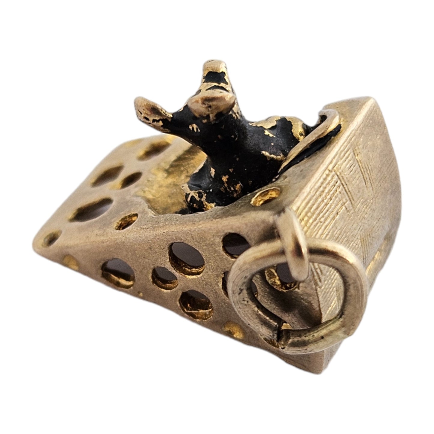 Amusing 9ct 375 Yellow Gold Mouse Inside Cheese Charm c.1969 L 1.5 cm 3.3 g