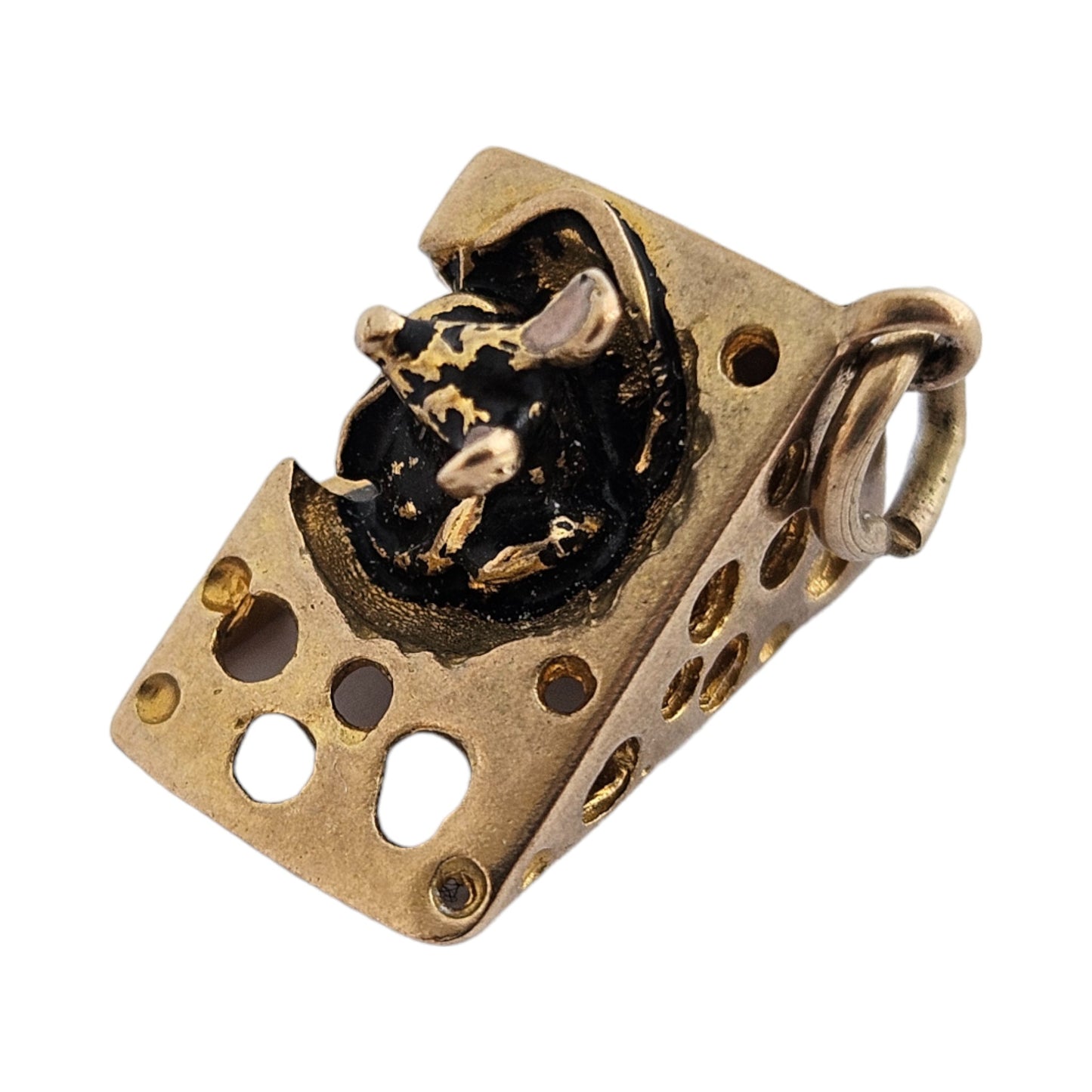 Amusing 9ct 375 Yellow Gold Mouse Inside Cheese Charm c.1969 L 1.5 cm 3.3 g