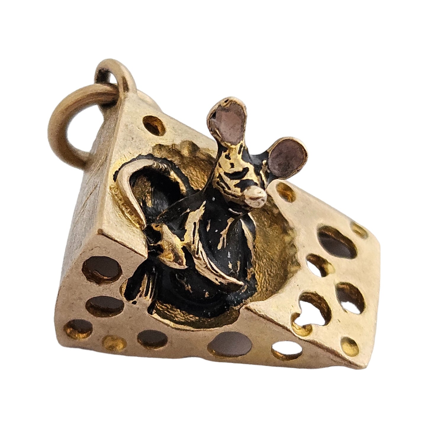 Amusing 9ct 375 Yellow Gold Mouse Inside Cheese Charm c.1969 L 1.5 cm 3.3 g