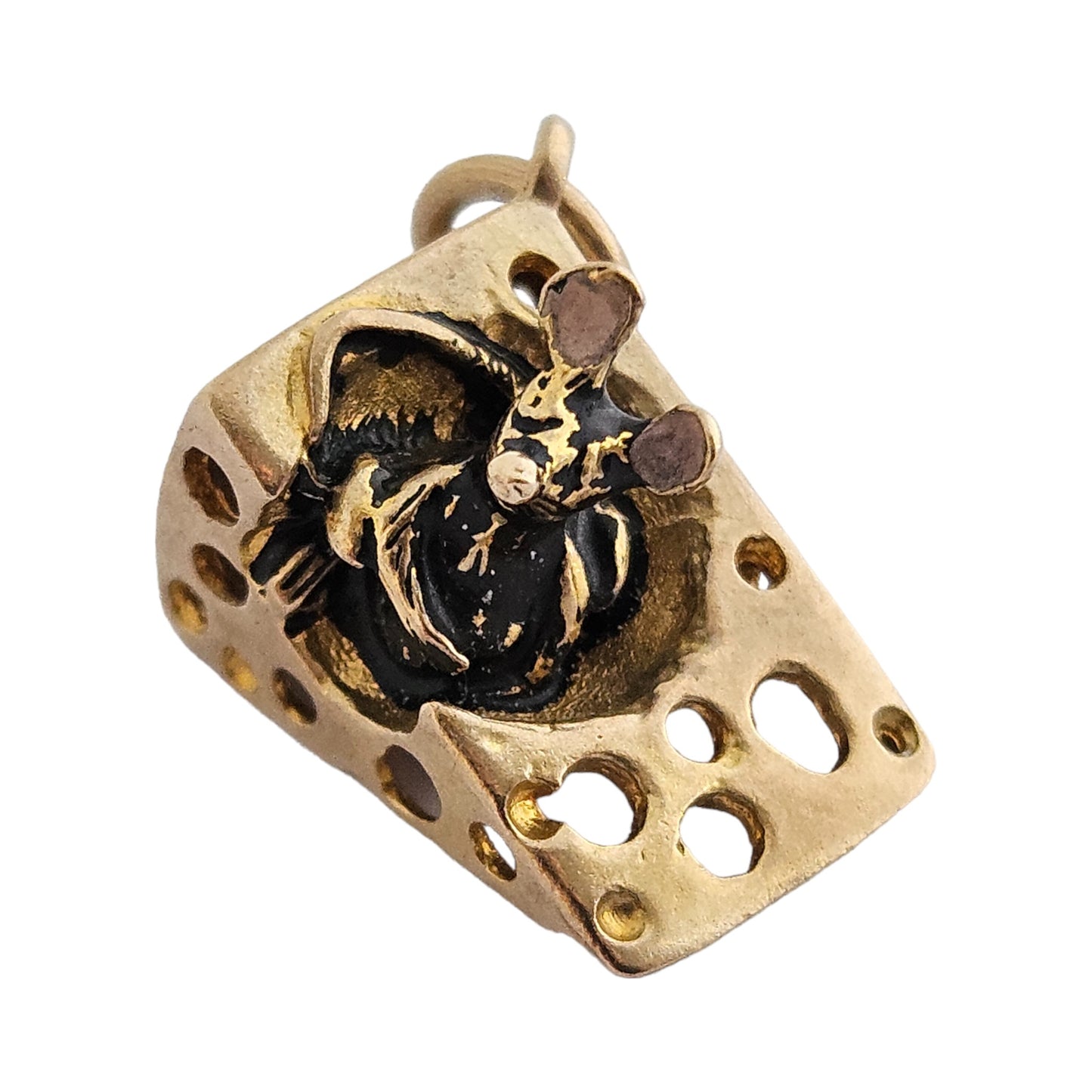 Amusing 9ct 375 Yellow Gold Mouse Inside Cheese Charm c.1969 L 1.5 cm 3.3 g