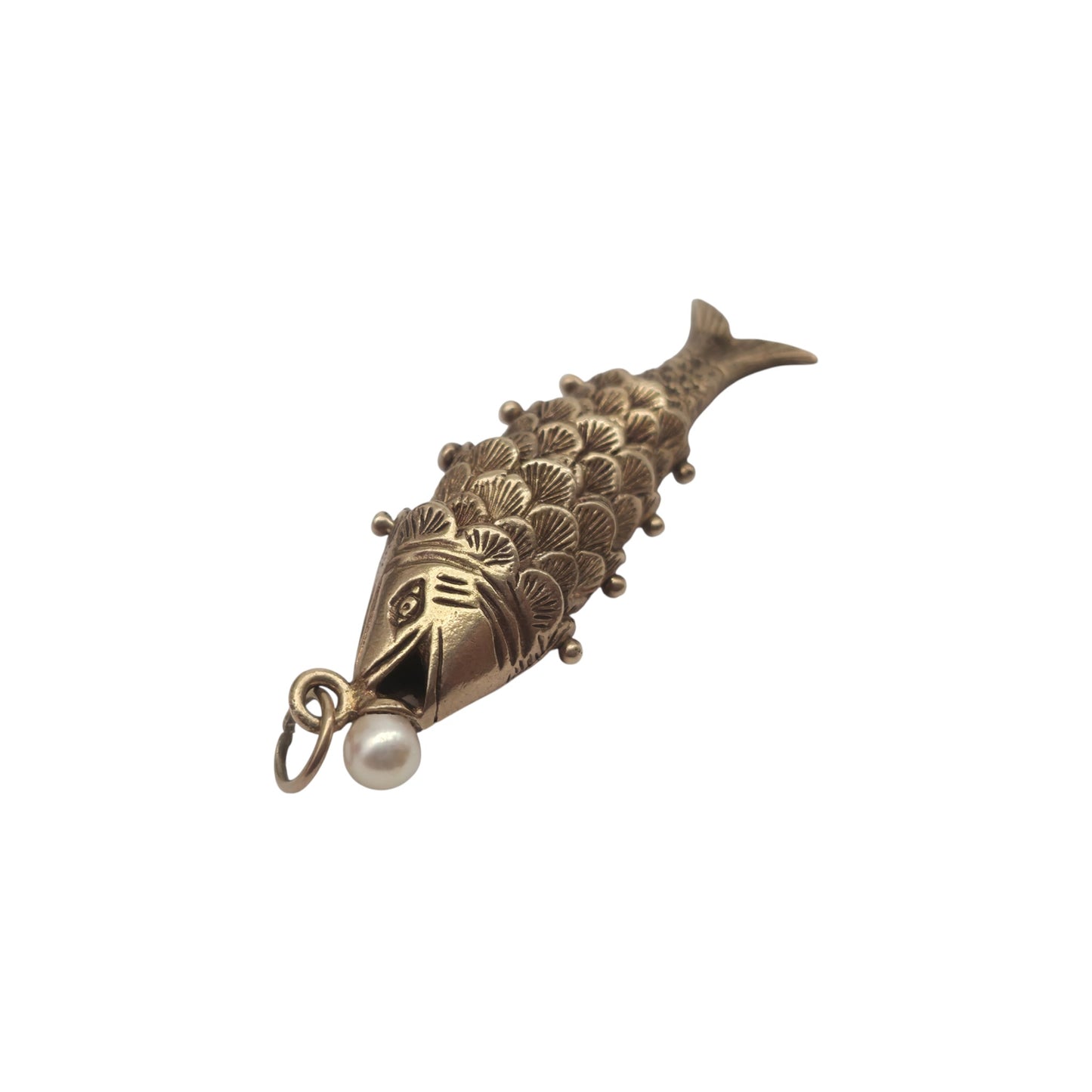 9ct 375 Yellow Gold Articulated Fish Charm With Pearl 1977 L 4.0 cm 6.2 g.