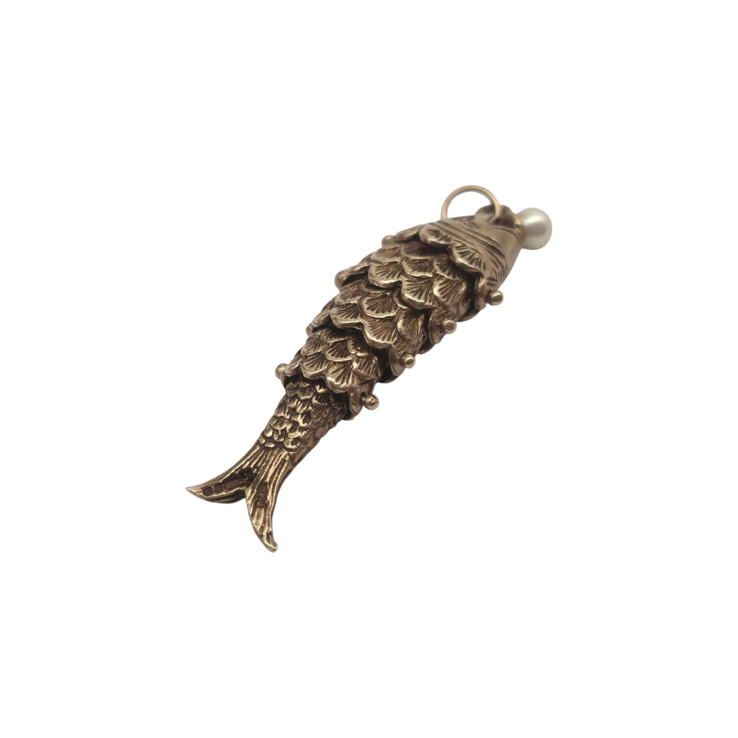 9ct 375 Yellow Gold Articulated Fish Charm With Pearl 1977 L 4.0 cm 6.2 g.